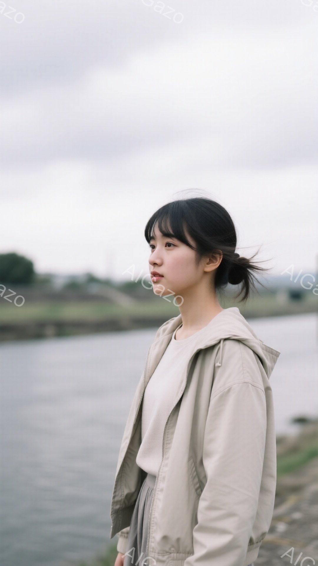 若い女性が、ベージュ色のパーカーとスカートを身に着け、横顔を見せて立っている。彼女は暗い髪を後ろで軽くまとめ、少し憂いを帯びた表情で遠くを見つめている。背景には灰色がかった水面と、ぼんやりとした緑の風景が広がり、曇り空の下、静かで物憂げな雰囲気が漂っている。