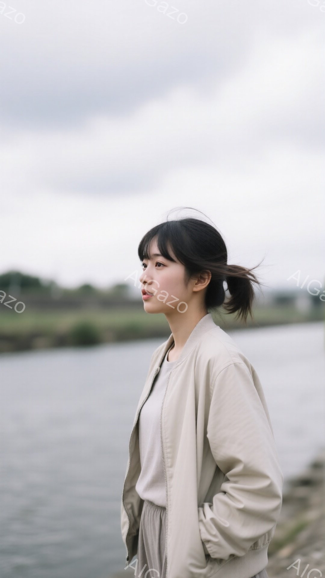 長い黒髪を後ろで一つに結んだ若い女性が、ベージュ色のジャケットとスカートを身につけて立っています。彼女は横顔で、少し憂いを帯びた表情で遠くを見つめており、リラックスした姿勢で片手を腰に当てています。背景には穏やかな水面と緑の草地が広がり、曇り空が全体的に静かで物憂い雰囲気を醸し出しています。