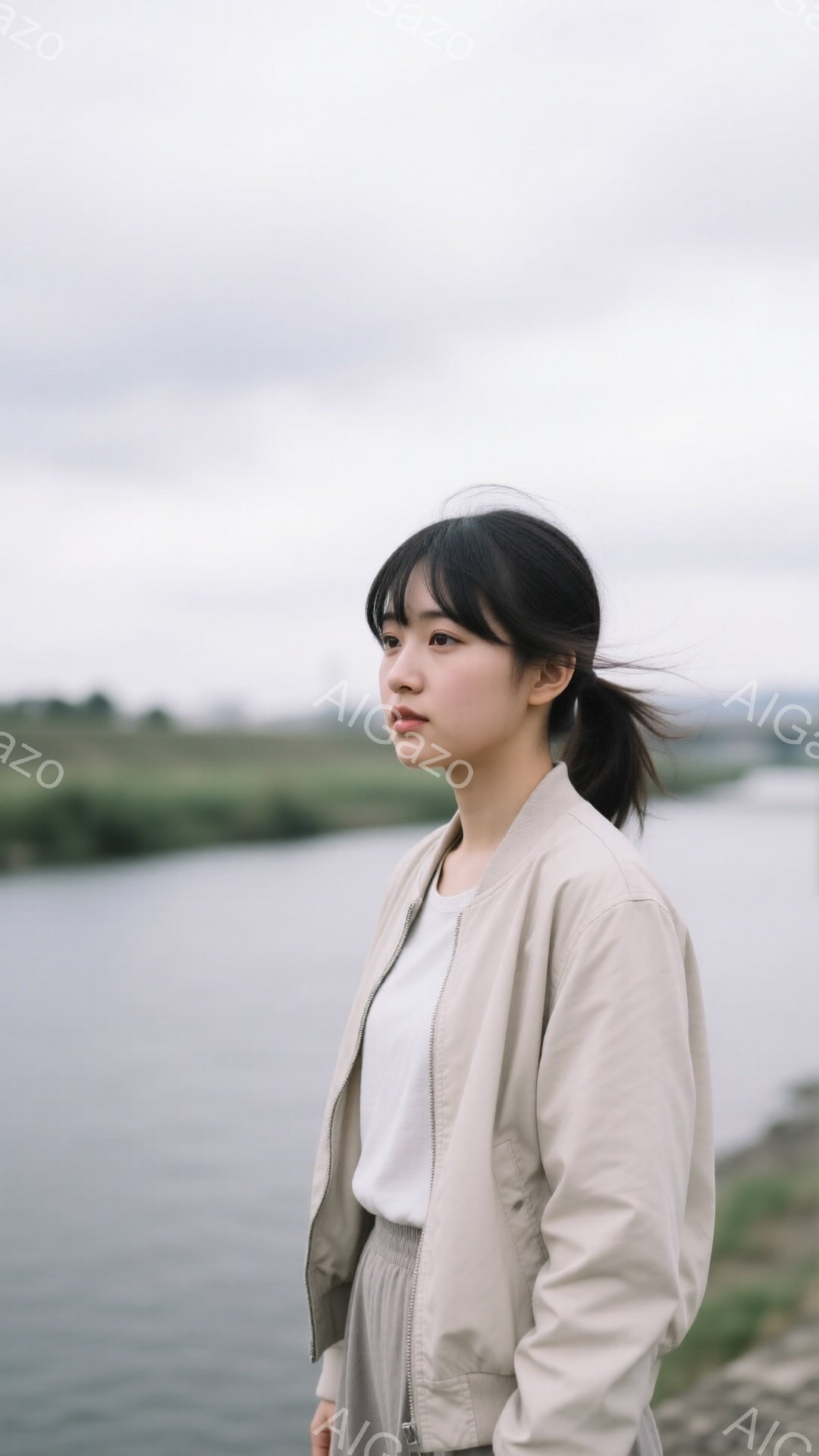 若い女性が横向きに立っており、ベージュのジャケットとグレーのスカートを着用しています。彼女は髪を後ろでポニーテールに結い、穏やかな表情で遠くを見つめています。背景には水面と緑の草原が広がり、曇り空の下、静かで落ち着いた雰囲気が漂っています。