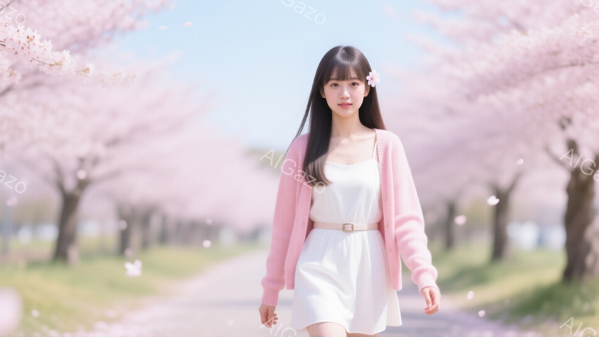 若い女性が桜並木の中を歩いています。白いワンピースにピンクのカーディガンを羽織り、腰には白いベルトを締めています。彼女は黒髪で、前髪を少し分けており、頭には小さな花飾りをつけて微笑んでいます。