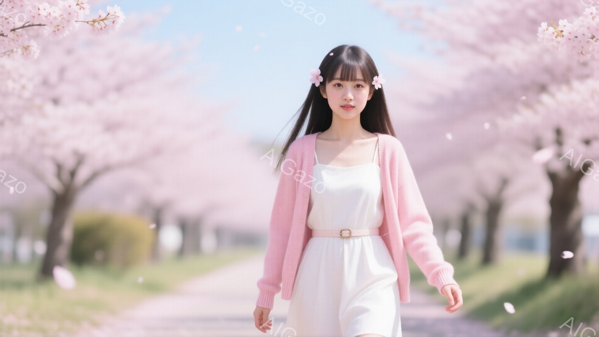 彼女は、白いワンピースにピンク色のカーディガンを羽織り、白いベルトでウエストマークしています。黒髪をセンターパートにし、前髪は少しふんわりとさせて、両サイドに小さな花飾りをつけています。背景には桜並木が広がり、桜の花びらが舞い散る中で、彼女はリラックスした様子で道を歩いています。