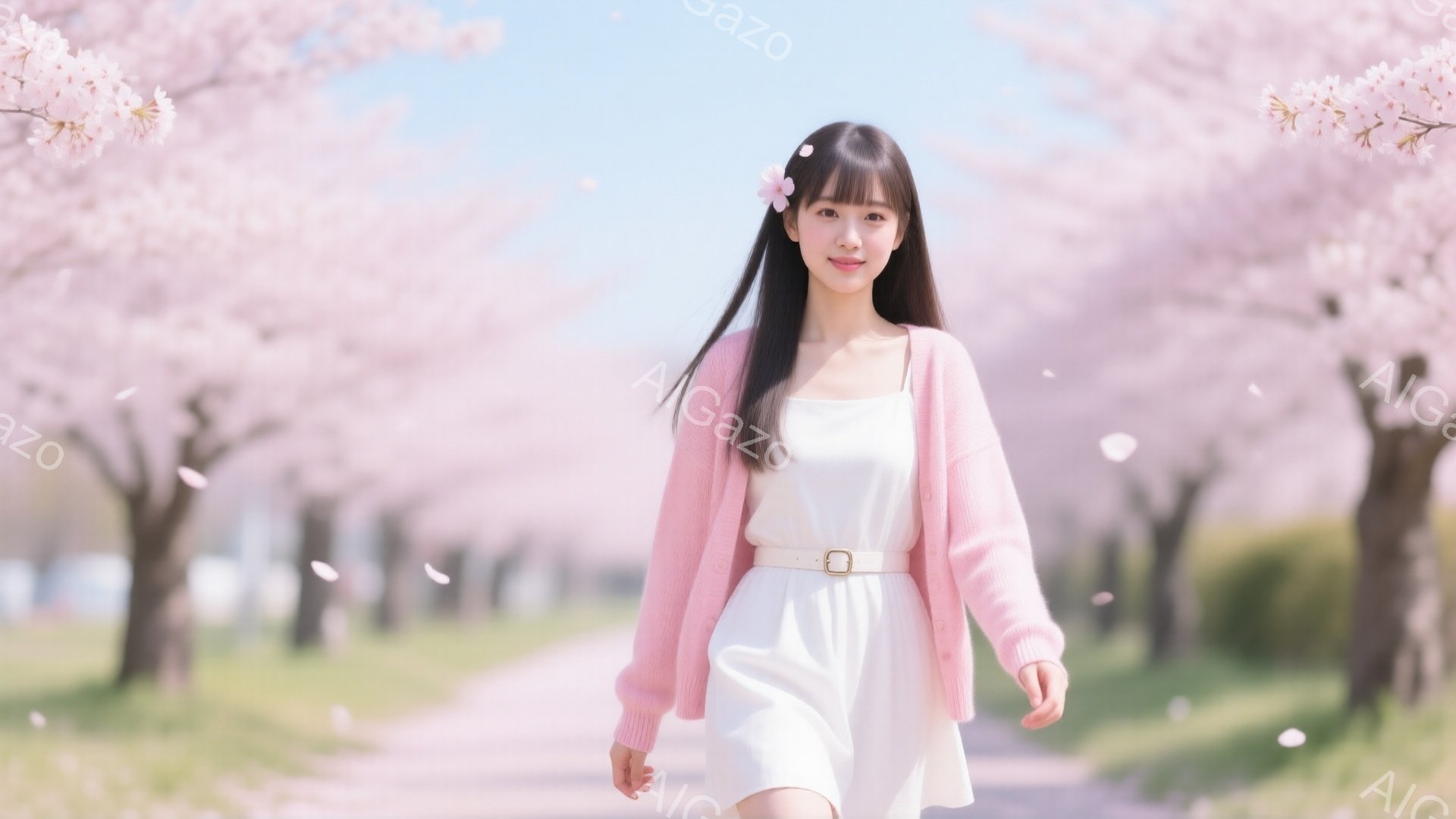 若い女性が桜並木の中を歩いている。白いワンピースに薄いピンク色のカーディガンを羽織り、髪には白い花飾りをつけている。彼女は微笑んでおり、春らしい穏やかで華やかな雰囲気が漂っている。