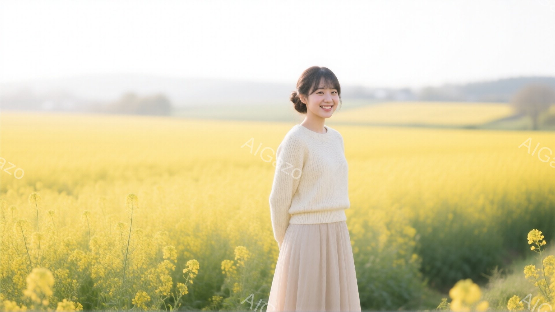 明るい黄色い菜の花畑の中に、茶髪で前髪を下ろした女性が立っている。クリーム色のセーターと、淡いベージュのロングスカートを身につけ、優しく微笑んでいる。背景には緑の丘と、ぼんやりとした建物が見え、春の穏やかな日差しが全体を暖かく包み込んでいる。