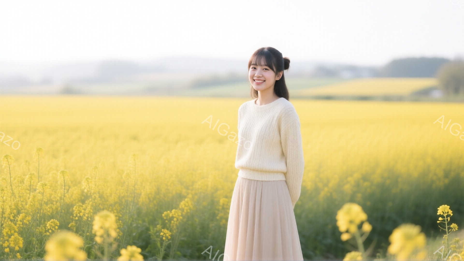 明るい茶色の髪をハーフアップにした若い女性が、一面に広がる菜の花畑の中に立っている。オフホワイトのセーターとベージュのスカートを身に着け、微笑みを浮かべている。背景には、緑の丘と薄い雲が広がり、晴れた日の穏やかな雰囲気を醸し出している。