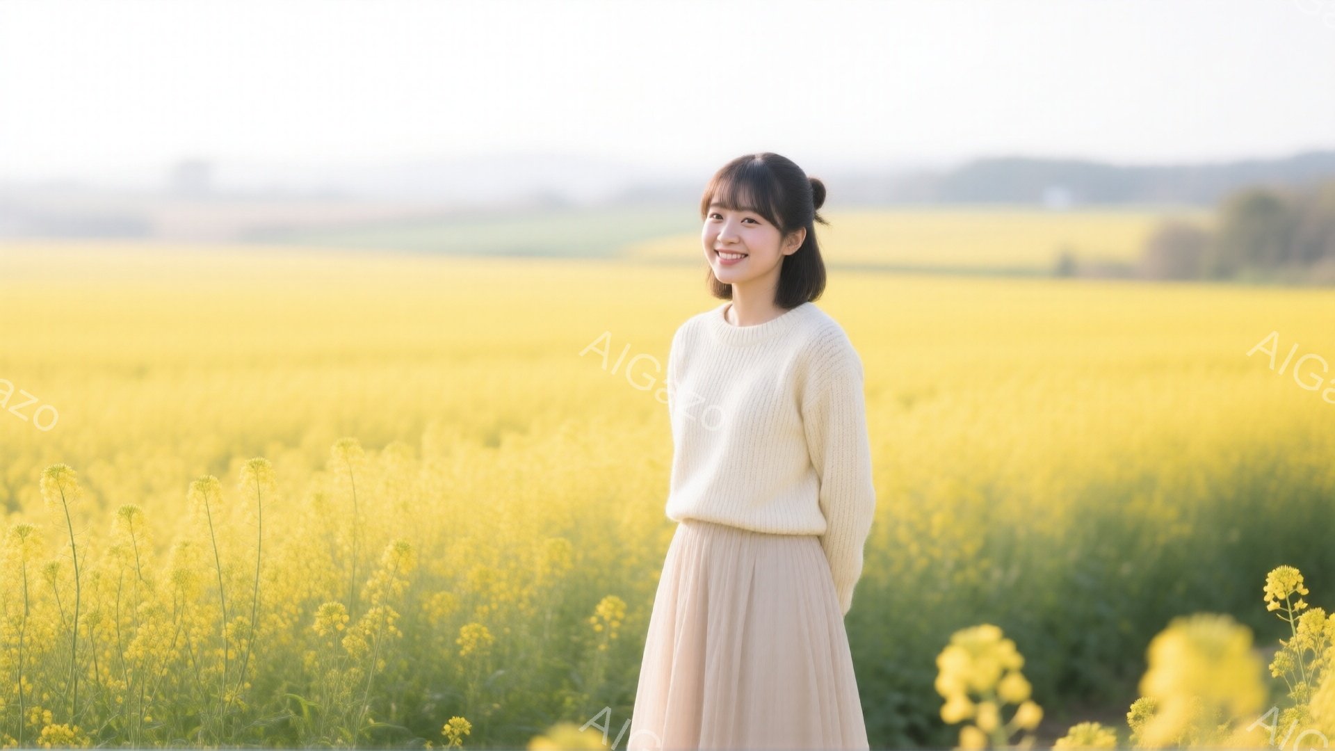 明るい茶髪の女性が、鮮やかな菜の花畑の中に立っている。ベージュのセーターとスカートを身につけ、優しい笑顔を見せている。背景は広大な菜の花畑が続き、遠くには緑の丘が見え、穏やかで温かい春の日の雰囲気が漂っている。