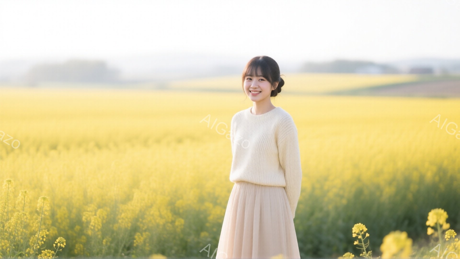 若い女性が菜の花畑で微笑んでいます。ベージュのセーターとスカートを身に着け、髪は後ろで軽くまとめられています。背景は一面の黄色い菜の花で、遠くにはぼんやりと山並みが望め、晴れた日の穏やかな雰囲気が漂っています。