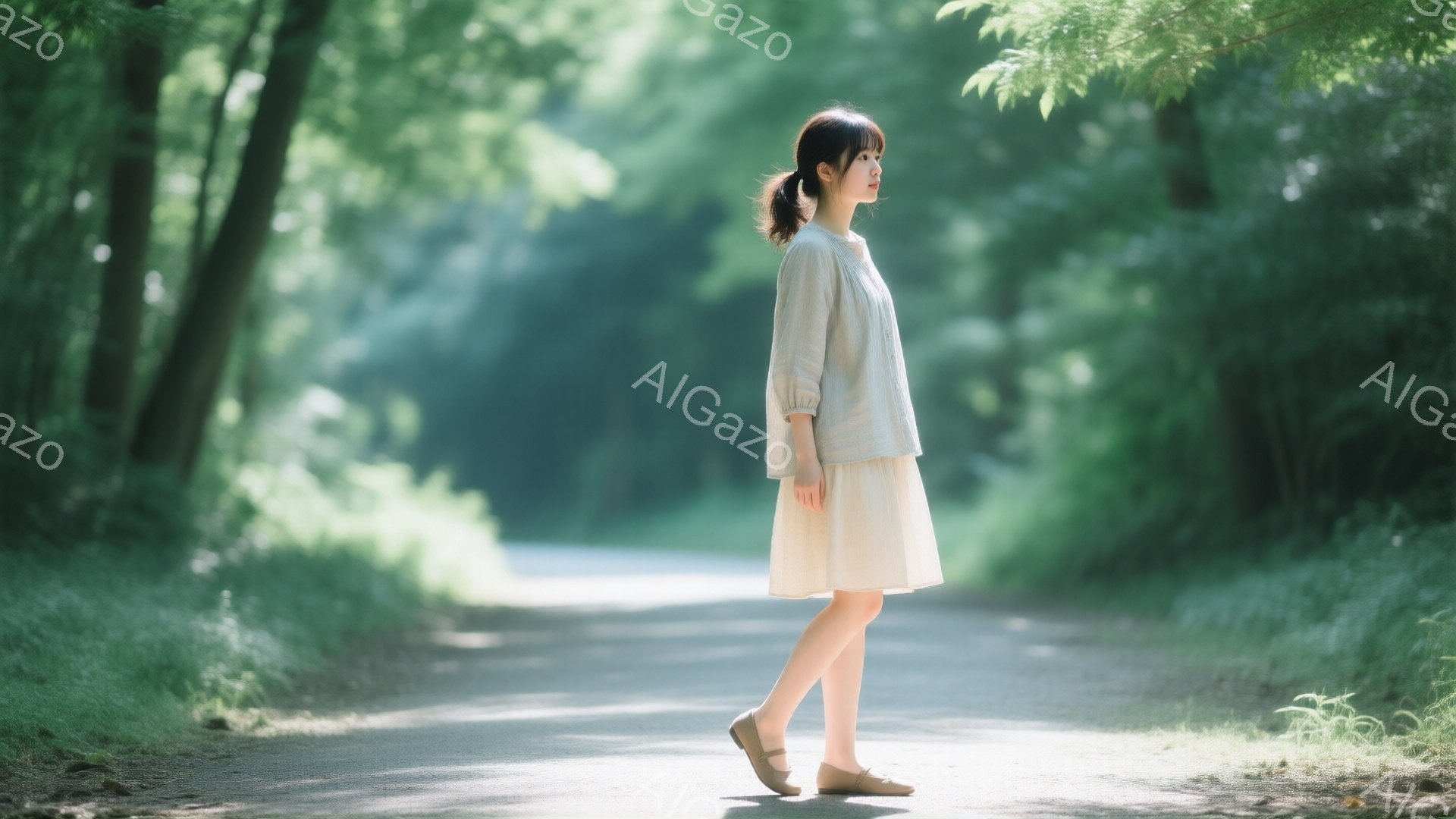若い女性がアスファルトの道の上を歩いている。オフホワイトのブラウスとスカートのセットアップを着ており、髪は後ろでポニーテールにまとめられている。周囲は緑豊かな木々に囲まれ、太陽光が差し込み、道に明るい影を作っている。