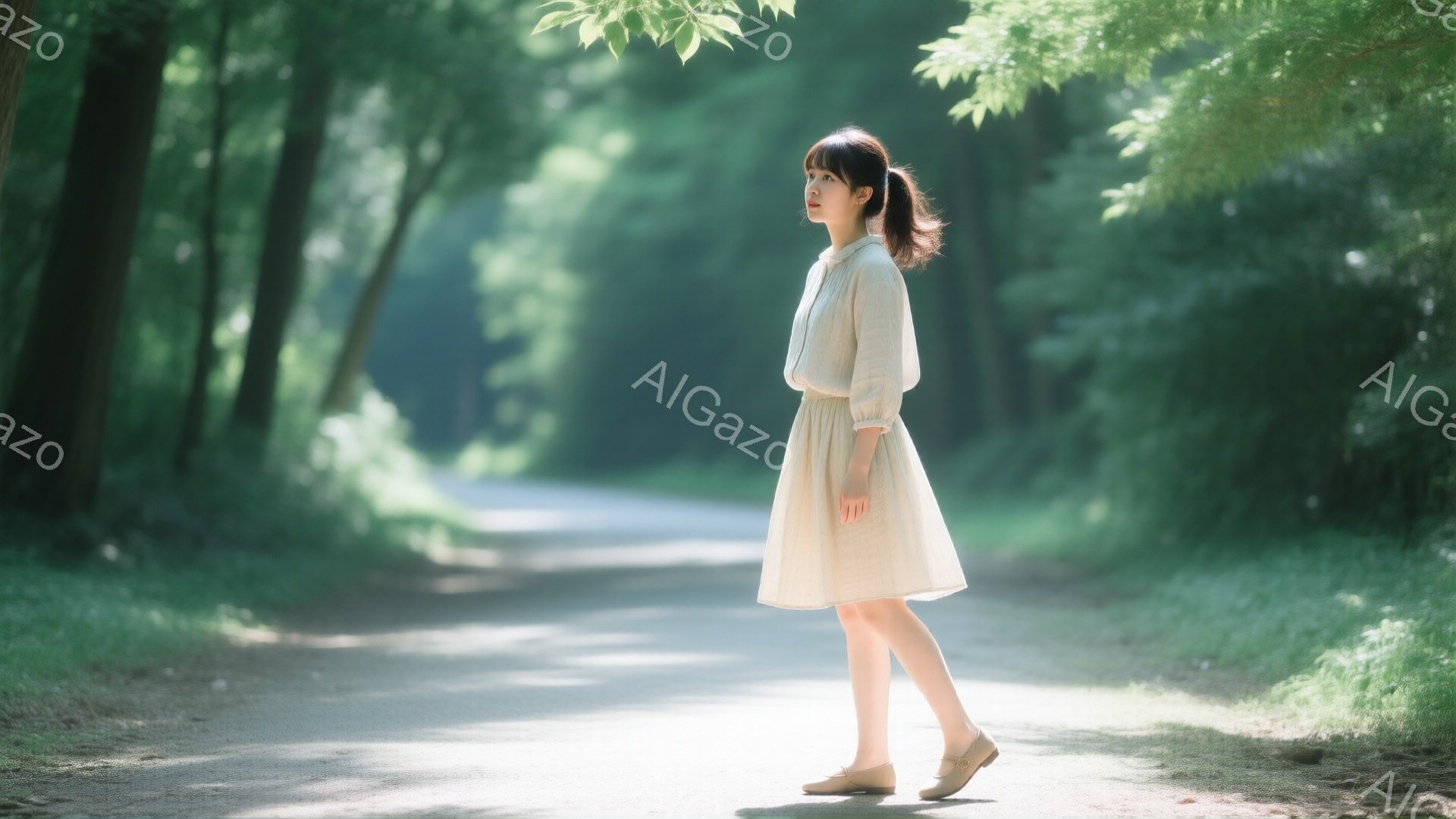 薄緑色のワンピースを着た若い女性が、緑豊かな並木道の中を歩いている。彼女は髪をハーフアップにし、少し上を見ている表情からは穏やかな雰囲気が伝わってくる。背景には木々が生い茂り、太陽の光が差し込むことで、幻想的で優しい印象を与えている。
