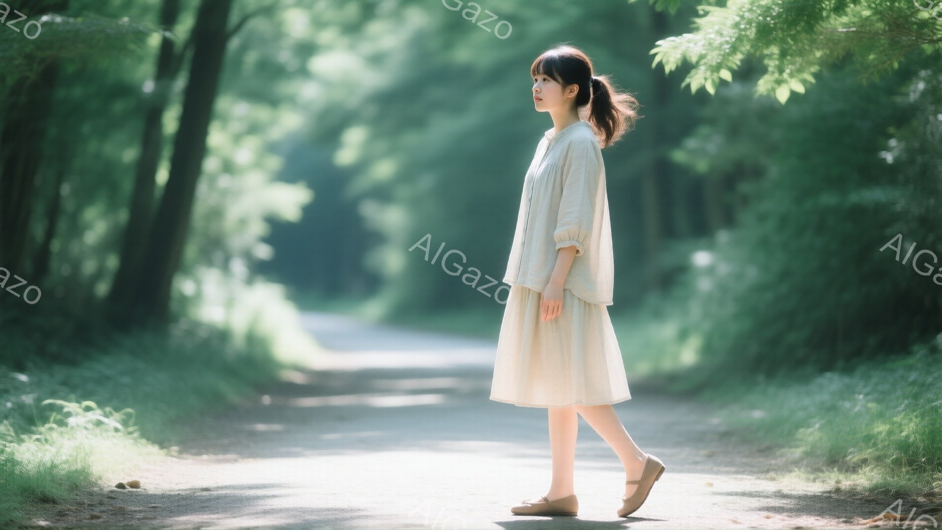 若い女性が、クリーム色のゆったりとしたワンピースを着て、土の道の上を歩いている。彼女はロングヘアで、後ろで軽くまとめている。背景は緑豊かな木々が生い茂る道で、光が差し込み、穏やかで自然な雰囲気を醸し出している。