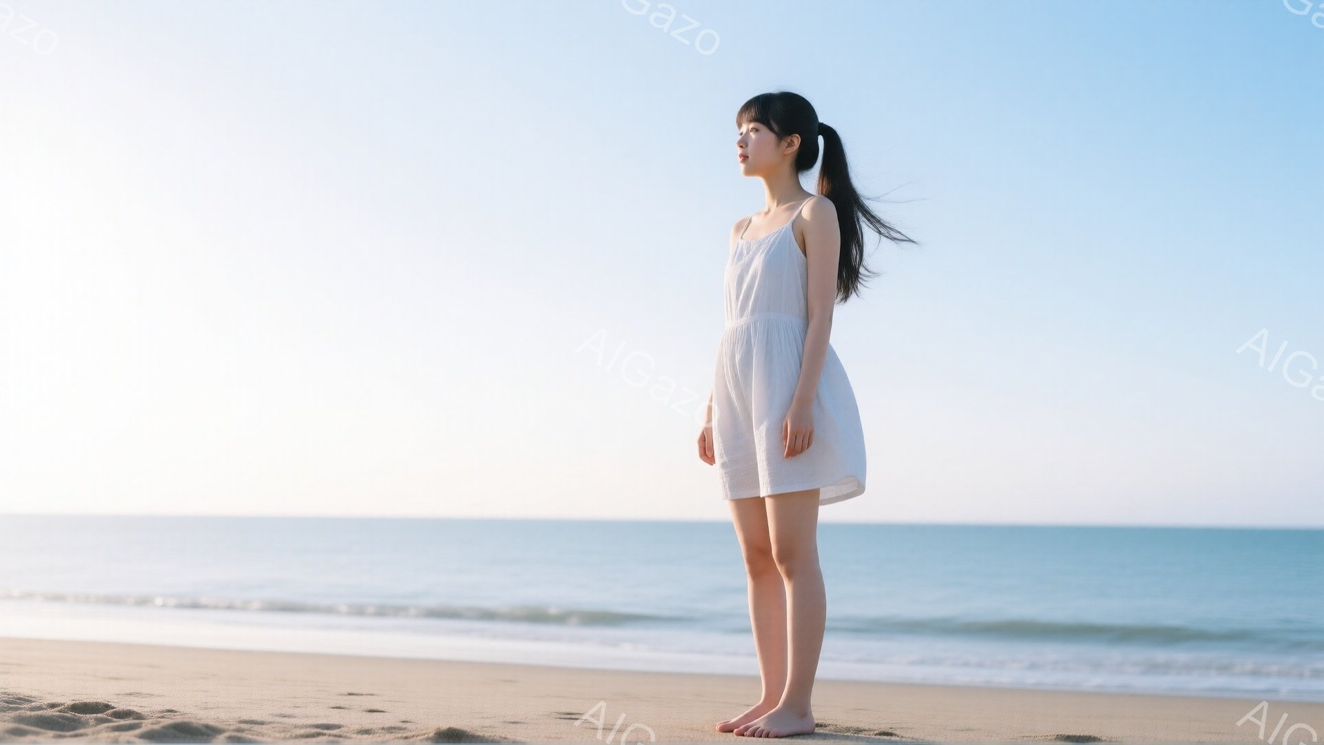 白いワンピースを着た若い女性が砂浜に立っている。彼女は髪をポニーテールにし、顔は横を向き、穏やかな表情を浮かべている。背景には青い海と空が広がり、穏やかな晴天の日のビーチの静かで平和な雰囲気を醸し出している。