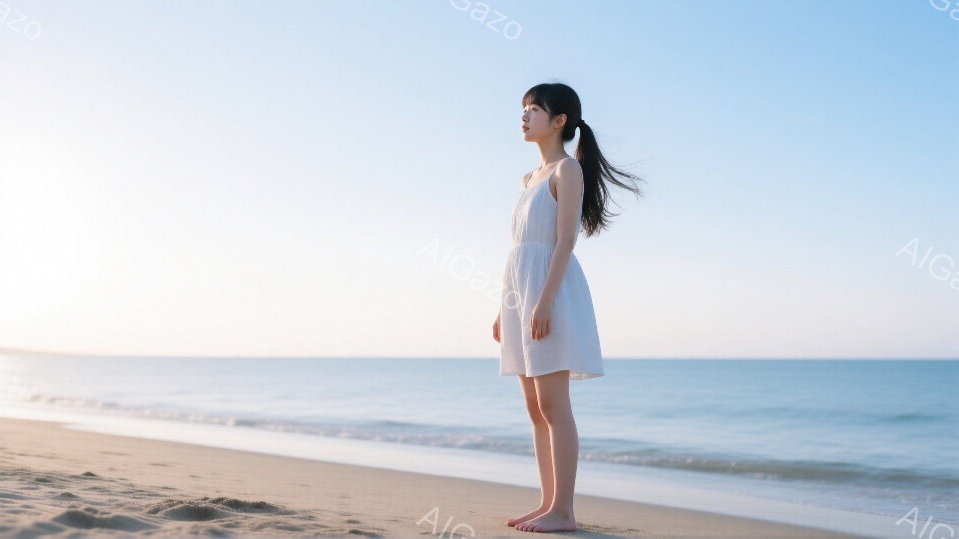 砂浜に立つ女性は、白い短いワンピースを着て、髪を高い位置で一つに結んでいます。彼女は目を細めて空を見上げており、リラックスした穏やかな表情を浮かべています。背景には穏やかな海が広がり、空は薄い水色からオレンジ色へとグラデーションを描いており、夕暮れ時の穏やかな雰囲気が漂っています。