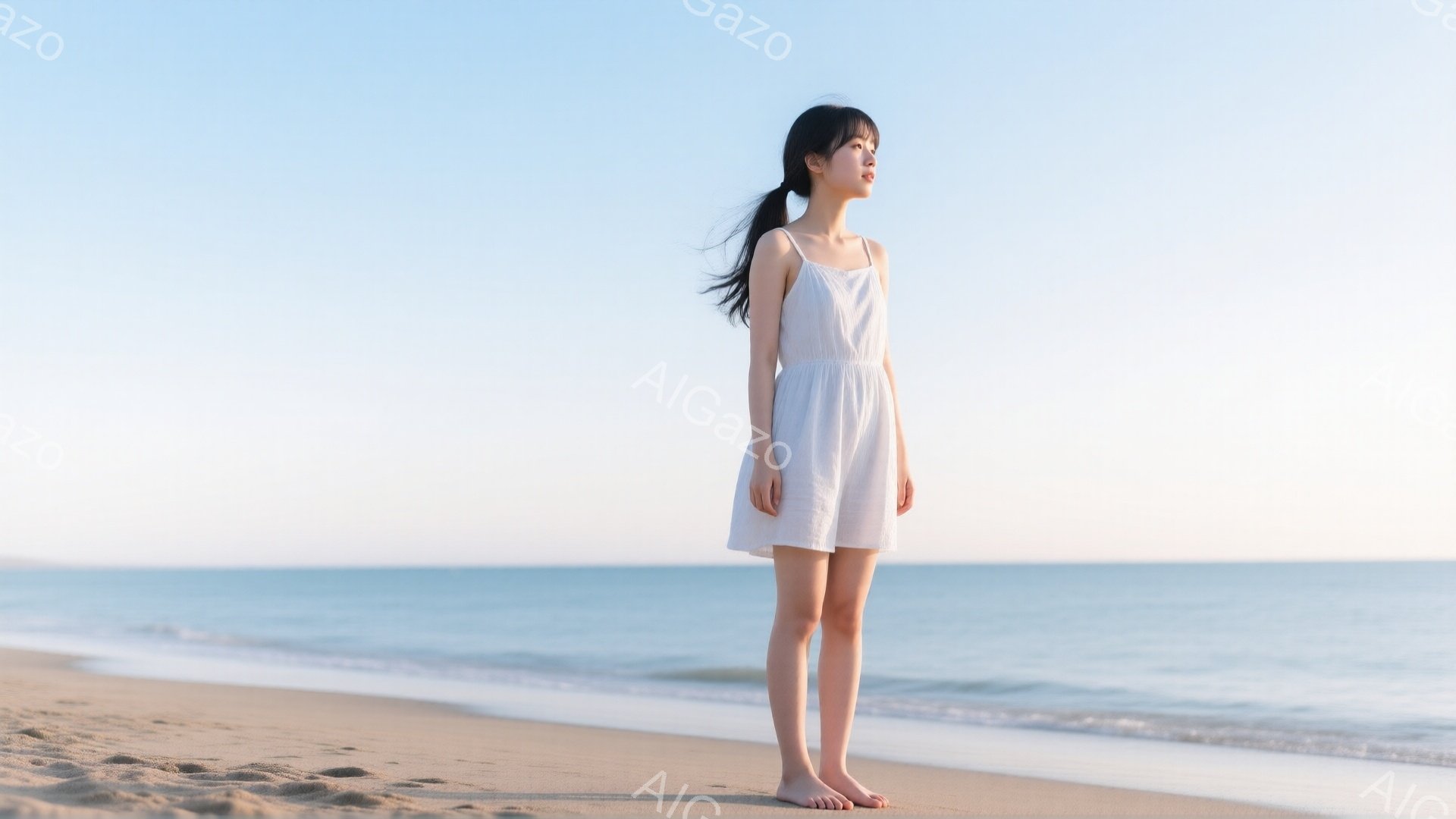 長い黒髪を後ろで一つに結んだ若い女性が、砂浜に立っている。白いキャミソールワンピースを身につけ、裸足で、遠くの水平線を見つめている。穏やかな波が打ち寄せ、晴れた空が広がる、静かで穏やかな海岸の風景だ。