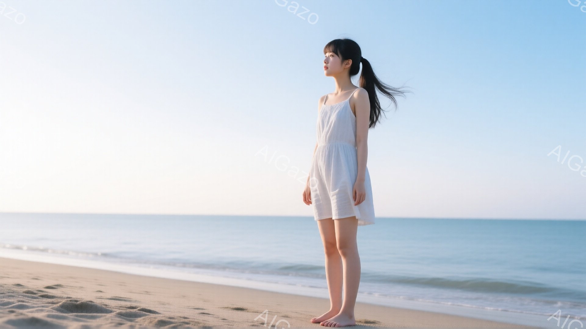 長い黒髪を後ろで一つにまとめた若い女性が砂浜に立っている。白いキャミソールワンピースを着ており、素足で砂浜に立っている。背景には穏やかな青い海が広がり、晴れた空の下、柔らかな光が彼女を照らしている。