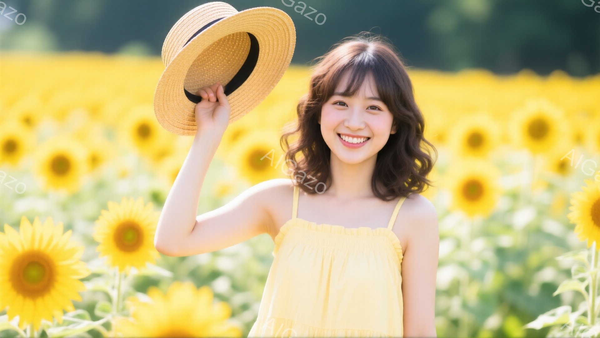 ひまわり畑で、明るい笑顔を見せる若い女性が写っています。彼女は肩出しの黄色いワンピースを着ており、巻き毛の髪型に、頭には麦わら帽子を乗せています。背景は一面に広がるひまわりの花畑で、天候は晴れで、全体的に温かく幸せな雰囲気が漂っています。
