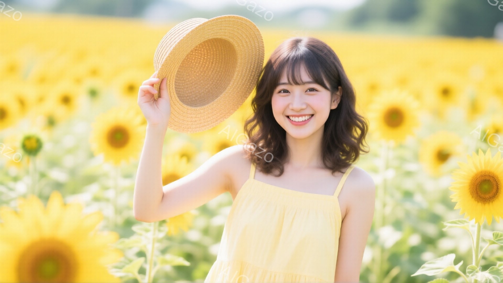 金髪の巻き毛の女性が、ひまわりの畑で麦わら帽子を掲げて笑顔を浮かべている。彼女は明るい黄色のキャミソールワンピースを着ており、背景は一面のひまわりで、夏らしい明るく楽しい雰囲気が漂っている。日差しが強く、晴れた日の穏やかな光が彼女を照らしている。
