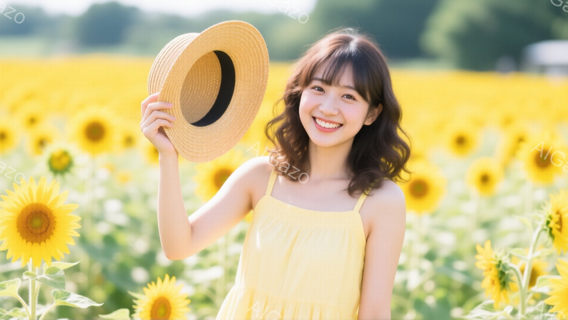 ひまわり畑で、黄色いキャミソールワンピースを着た若い女性が笑顔でポーズを取っています。彼女は片手に麦わら帽子を持ち、軽く波打つ栗色の髪は肩にかかっています。背景は一面のひまわり畑で、明るい日差しが降り注ぎ、全体的に温かく幸せな雰囲気が漂っています。