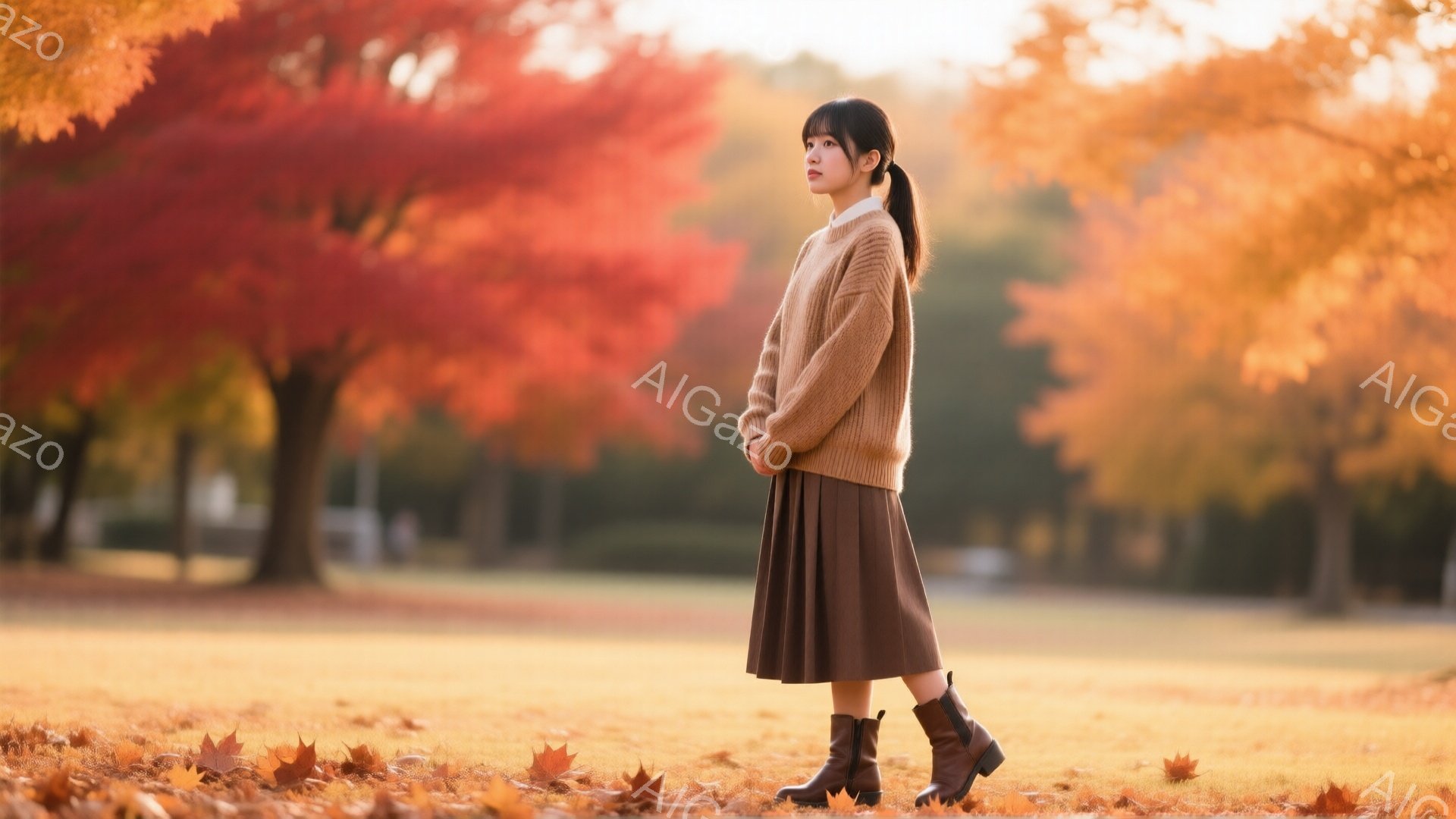 明るい赤毛の背景に、茶色のニットセーターとスカートを身に着けた女性が立っています。彼女は黒いブーツを履き、髪をポニーテールにしています。背景には、紅葉した木々と散った葉があり、暖かく穏やかな秋の雰囲気 - AI生成フリー素材
