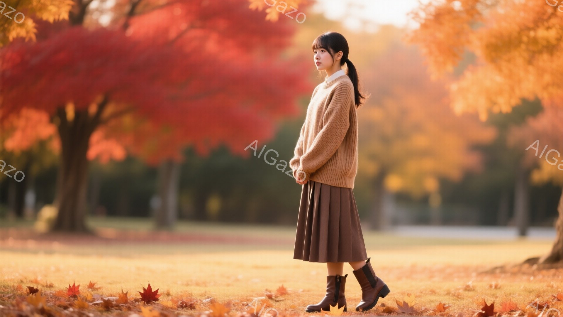 明るい栗色のセーターと、同じく栗色のミモレ丈スカートを身につけた女性が写っている。髪は後ろで一つにまとめられ、表情は穏やかで少し微笑んでいるように見える。背景には、鮮やかな赤色の紅葉の木々と、落ち葉が - AI生成フリー素材