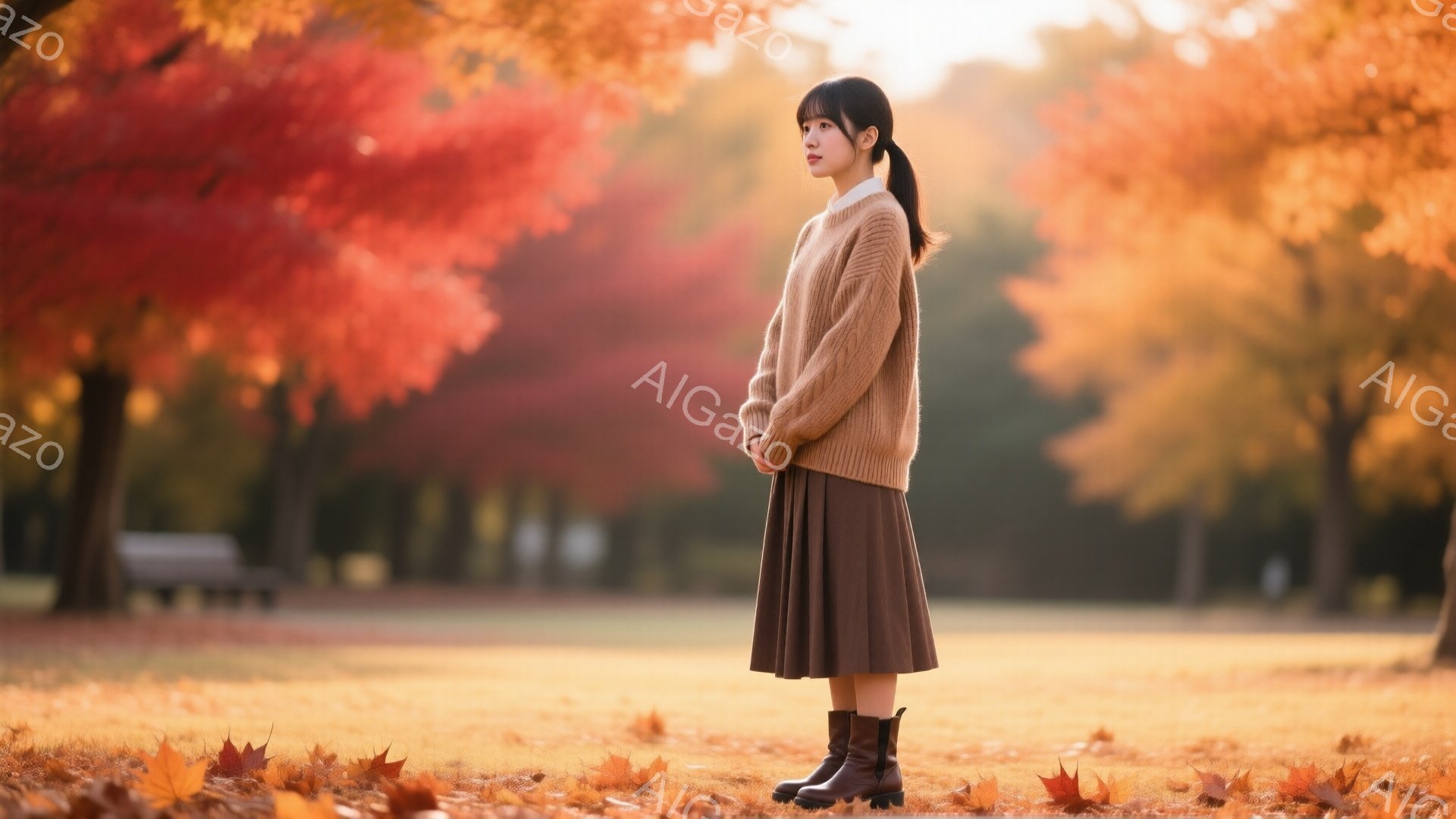 長い黒髪を後ろで一つに結んだ女性が、ベージュのニットセーターと茶色のロングスカート、そしてブーツを履いて立っている。彼女は少し横を向き、穏やかな表情で何かを考えているようだ。背景には、鮮やかな赤や黄色の紅葉が広がり、公園のベンチが見える暖かく優しい雰囲気の写真である。