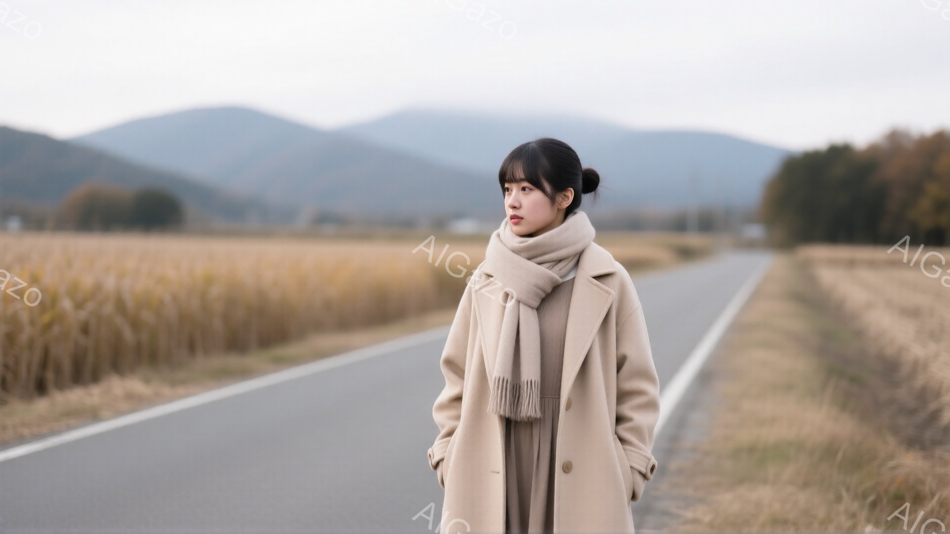 茶髪で、前髪を下ろした女性が、ベージュ色のコートとスカーフを身につけて道路の脇に立っている。彼女は少し横を向き、遠くを見つめており、表情は穏やかで物憂げだ。背景には黄金色の田んぼと、霞んだ山々が広がり、全体的に落ち着いた秋の雰囲気を感じさせる。