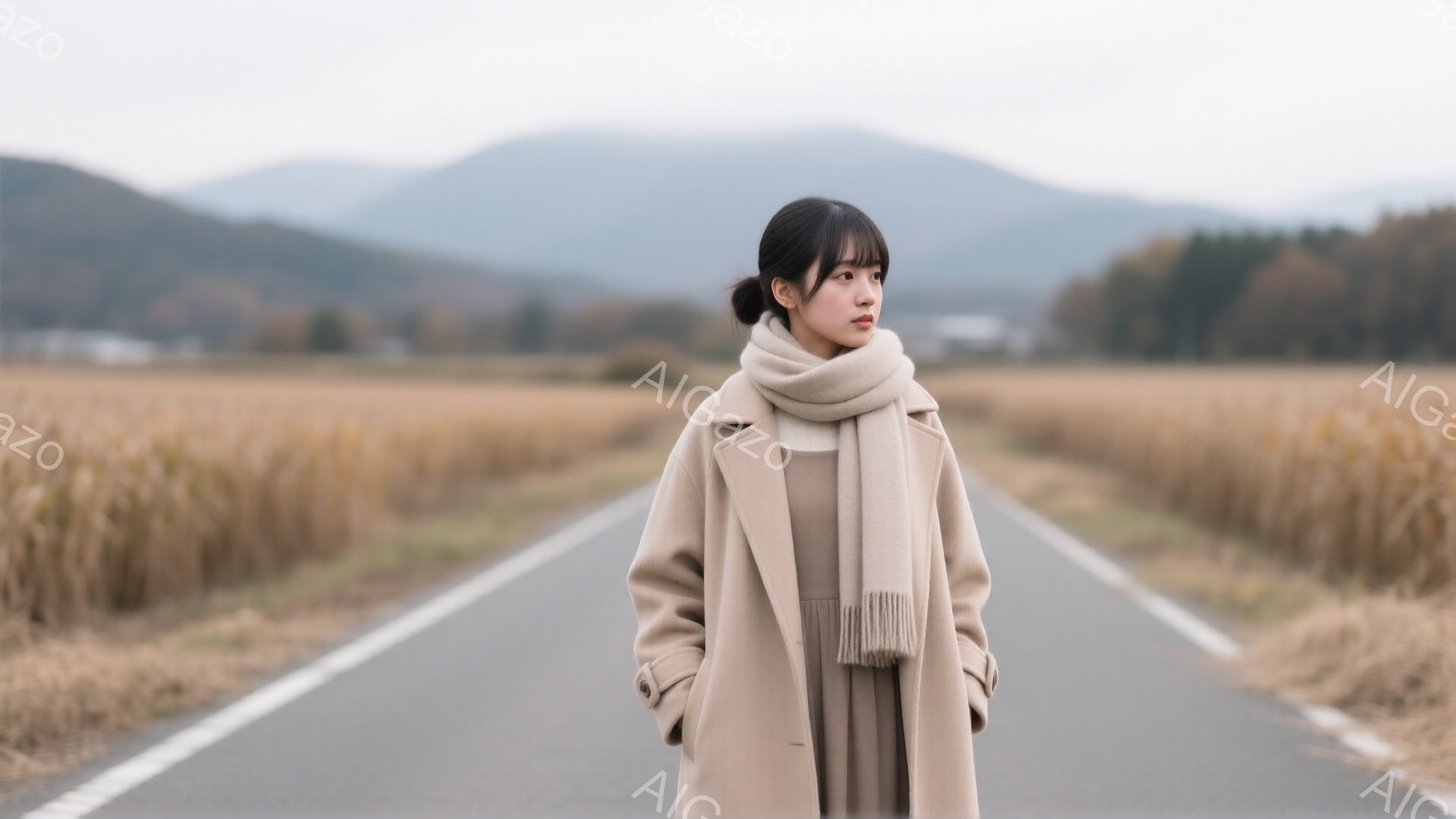 薄茶色のコートとスカーフを身につけた若い女性が、アスファルトの道の中央に立っている。彼女は前を見据え、やや憂いを含んだ表情を浮かべている。背景には黄金色の🌾🌾が広がり、遠くには霞んだ山々が見える、秋の穏やかな風景だ。