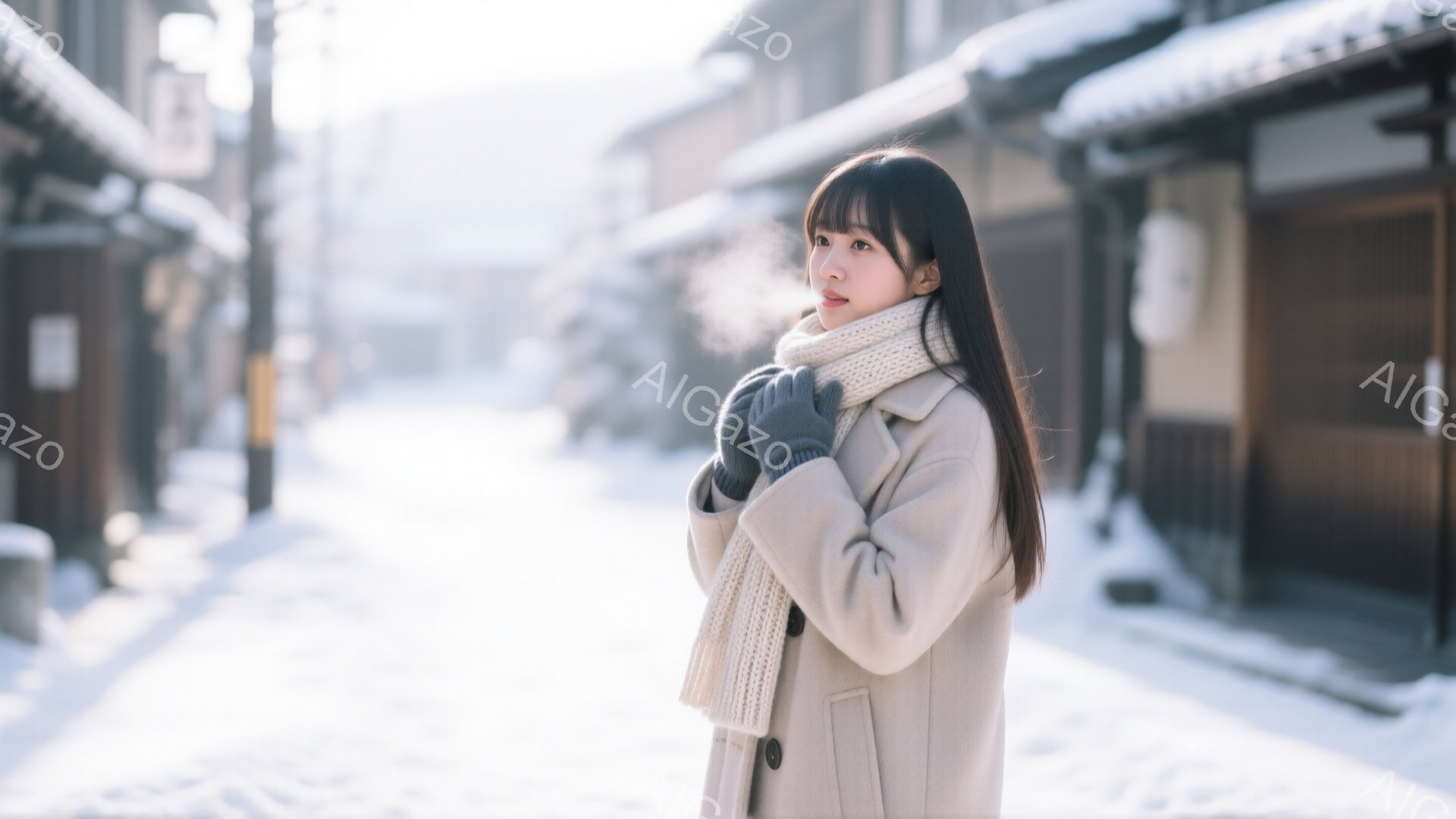 長い黒髪をセンターパートにした若い女性が、クリーム色のコートとマフラー、グレーの手袋を着用して雪の降る街並みを歩いています。彼女は少し顔を上げ、遠くを見つめるようにしており、どこか物憂げな表情を浮かべています。背景には伝統的な木造建築が並び、あたりは雪に覆われ、冬の静かで穏やかな雰囲気が漂っています。