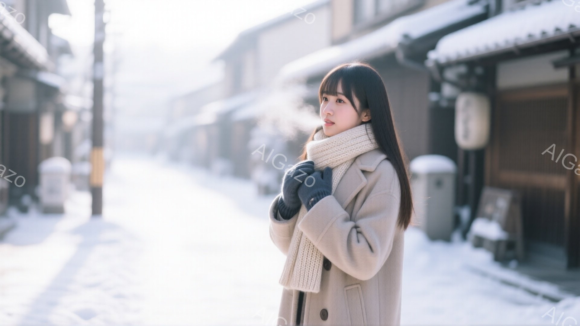 長いストレートヘアをセンターパートにした若い女性が、ベージュ色のコートとマフラー、黒い手袋を着て立っています。彼女は少し上目線で遠くを見つめており、表情は穏やかです。背景には雪に覆われた古い街並みが広がり、冬の静かで落ち着いた雰囲気が漂っています。