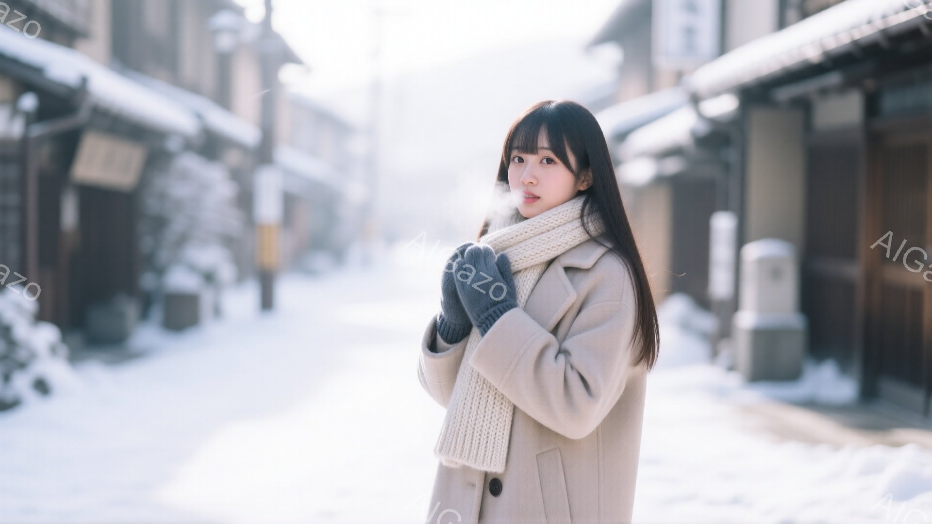 長い黒髪をなびかせ、ベージュ色のコートと白いマフラー、黒い手袋を身に着けた女性が立っている。彼女は少し微笑んでおり、暖かく優しい雰囲気を漂わせている。背景は雪に覆われた古い街並みで、日本の歴史的な情緒を感じさせる冬の風景だ。