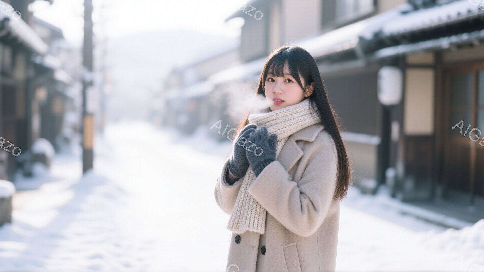 長いストレートヘアの若い女性が、ベージュ色のコートとクリーム色のニットマフラー、グレーの手袋を身に着けて立っている。彼女は少し微笑んでおり、落ち着いた表情をしている。背景には雪に覆われた古い町並みが広がり、伝統的な木造建築が並び、冬の静かで穏やかな雰囲気を醸し出している。