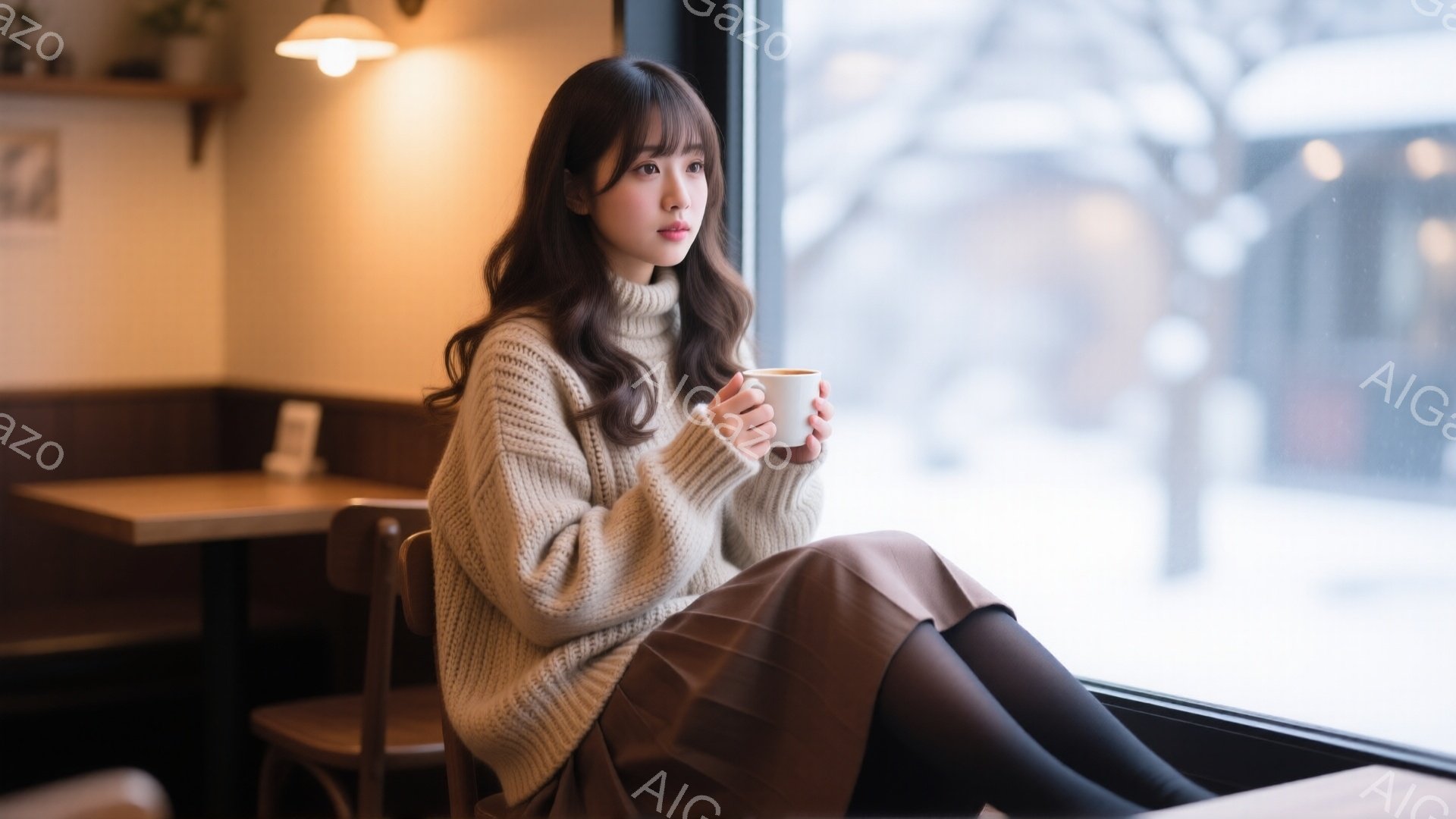 長いダークブラウンの髪をセンターパートにした女性が、クリーム色のざっくりとしたニットとブラウンのスカートを身に着けている。彼女は窓際の椅子に座り、片手に白いカップを持ち、何かを眺めている。窓の外は雪景色で、室内は暖かく落ち着いた雰囲気である。