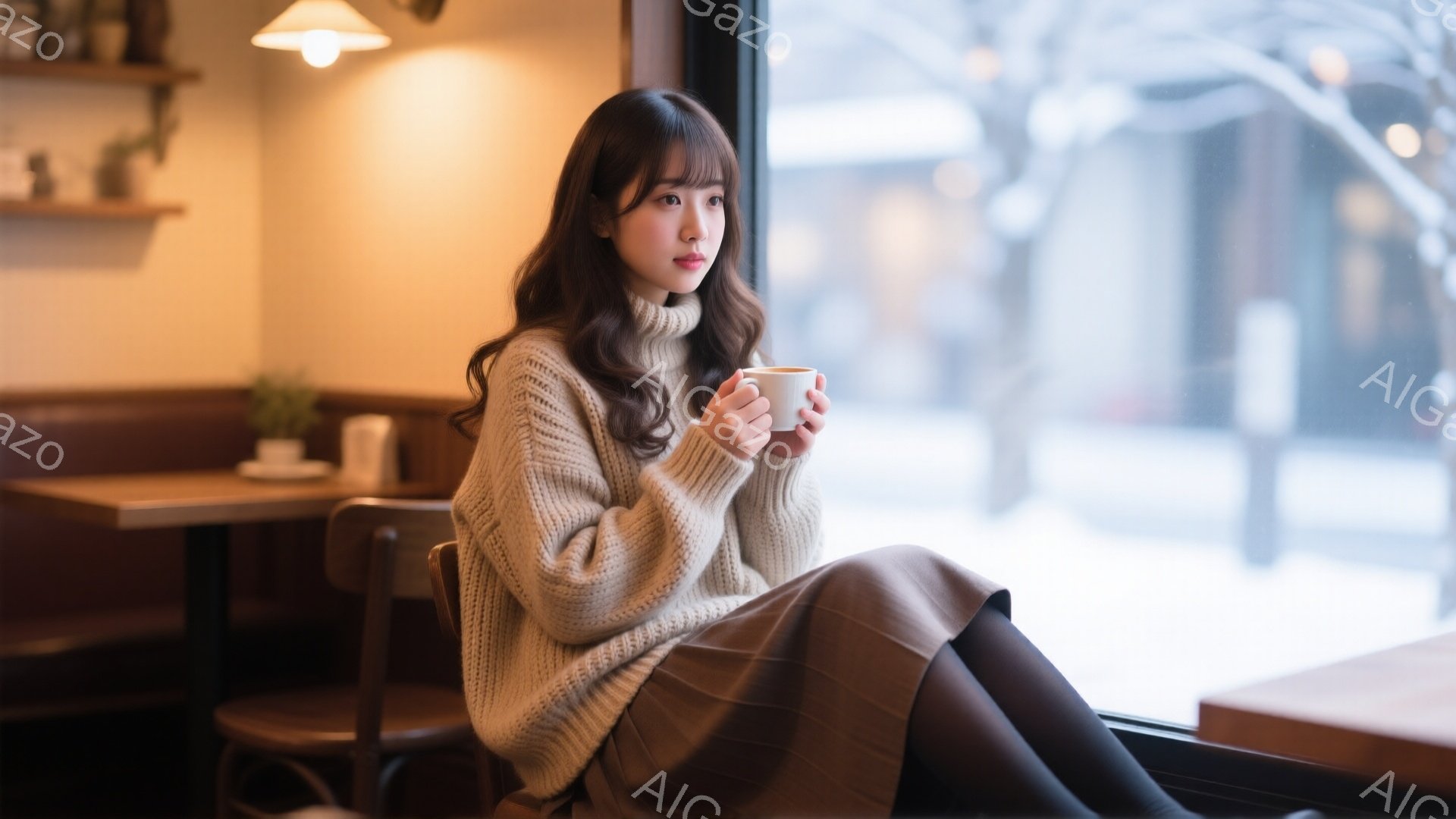 長い茶色の髪をサイドパートにした女性が、窓際の席で温かい飲み物を手に持っている。ベージュの厚手のニットセーターと、ブラウンのロングスカート、黒いタイツを身につけている。外は灰色の曇り空で、建物が見え、カフェの落ち着いた雰囲気が漂っている。