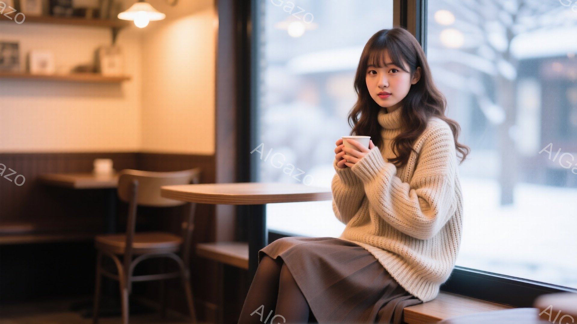 明るい髪の女性が、クリーム色の厚手のセーターと茶色のスカートを身に着けて、窓際の席に座っています。彼女は両手で温かい飲み物を包み込み、少し微笑んでどこかを見つめています。窓の外は雪景色で、カフェの温かい光が彼女を照らし、穏やかで心地よい雰囲気を醸し出しています。