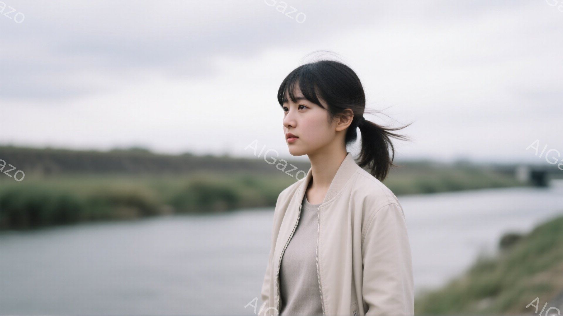 若い女性が、ベージュ色のジャケットと白いTシャツを着て、横向きに立っている。彼女は前髪を下ろしたポニーテールで、少し憂いのある表情をしている。背景には灰色がかった川と緑の丘が見え、曇り空の下、静かで物憂げな雰囲気が漂っている。