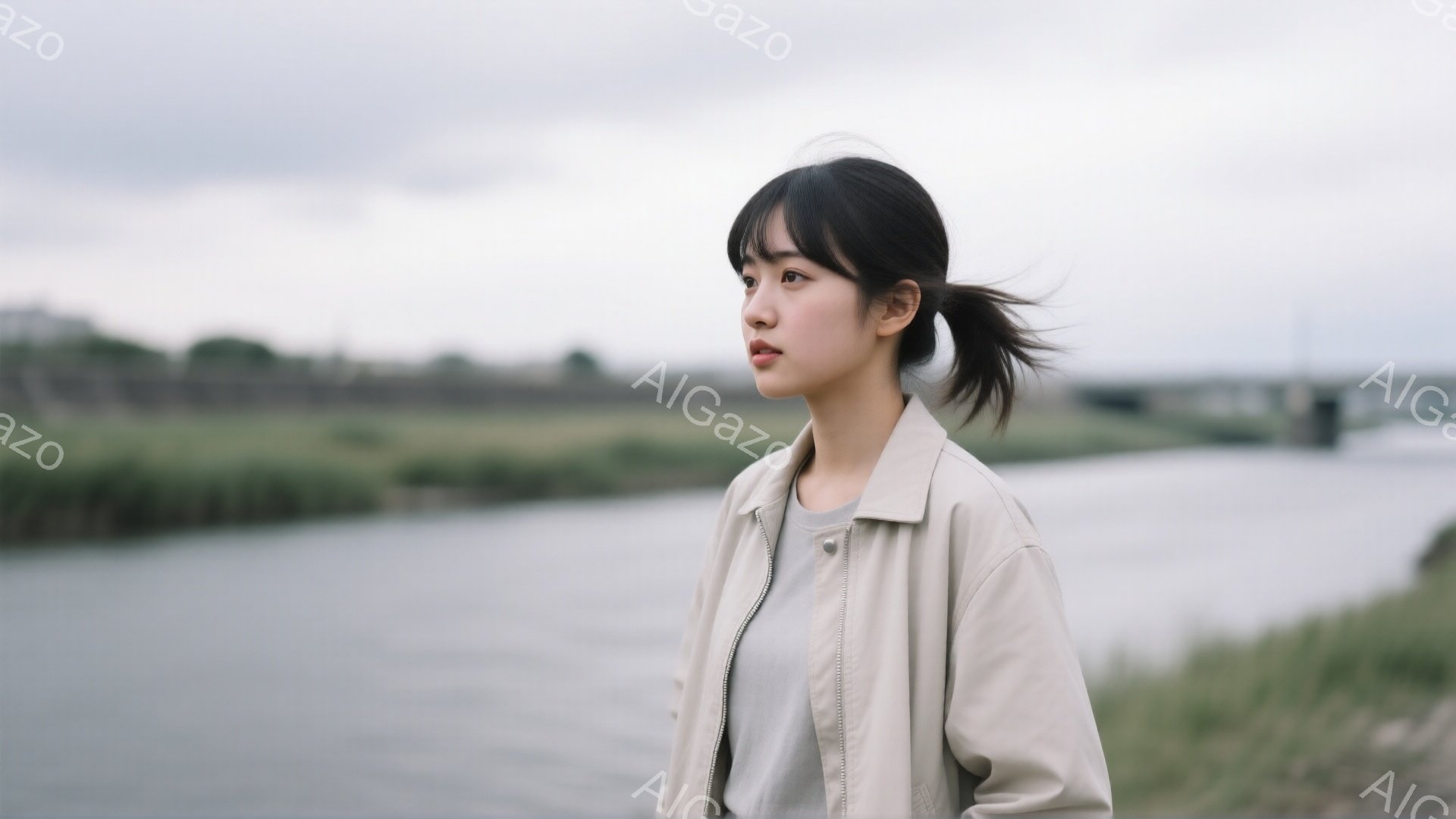 若い女性がベージュ色のジャケットとグレーのTシャツを着て、少し横を向いて立っている。彼女の髪は後ろで一つに結ばれており、表情は穏やかでどこか遠くを見つめているように見える。背景には、水面と緑豊かな草地、そして遠くに見える橋があり、曇り空の下、静かで落ち着いた雰囲気を醸し出している。