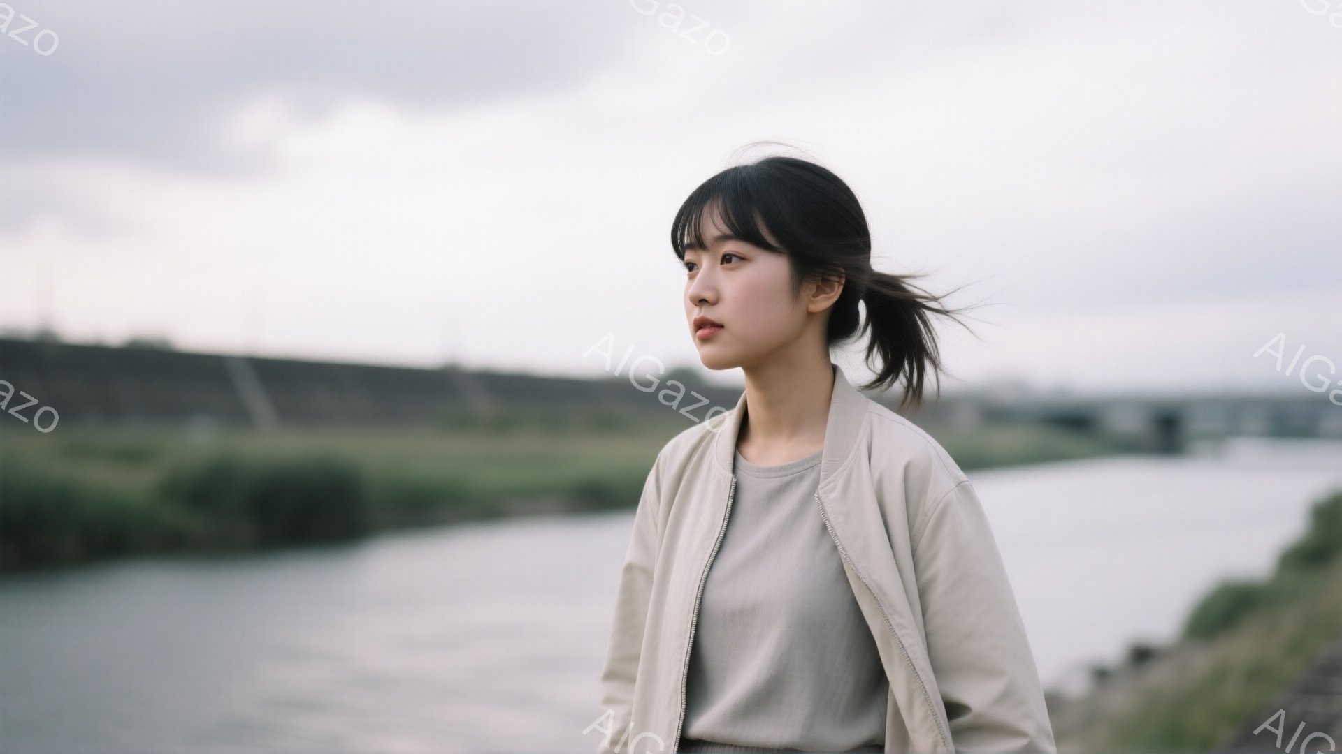 若い女性が、薄いベージュ色のジャンパーとグレーのTシャツを着て、横向きに立っている。彼女は前髪を少し横に流したポニーテールで、少し憂いを帯びた表情で遠くを見つめている。背景には、川と緑豊かな草地、そして曇り空が広がり、全体的に静かで物憂げな雰囲気が漂っている。