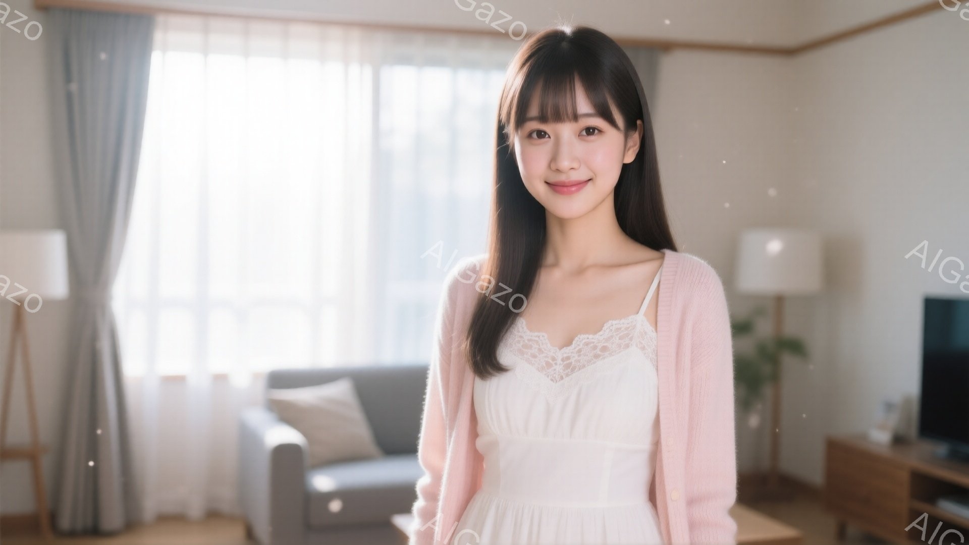 長い茶色の髪で、前髪は眉毛にかかるようにカットされた女性が立っています。彼女は薄いピンクのカーディガンを羽織り、白いレースのキャミソールドレスを着ています。背景には、グレーのソファと木製のキャビネットが見え、部屋全体が明るく柔らかい雰囲気です。