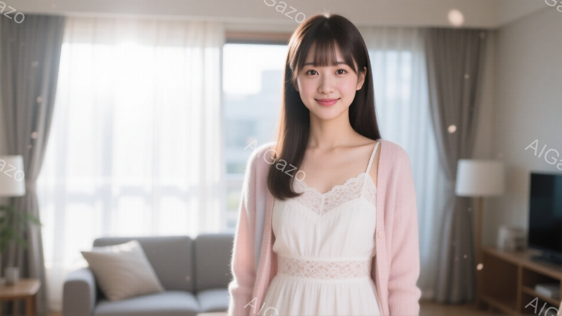 長い茶色の髪をセンターパートにした若い女性が、ピンク色のカーディガンと白いレースのキャミソールワンピースを着ています。彼女はカメラに向かって微笑んでおり、リラックスした姿勢で立っています。背景には、白いソファとテレビ台のある明るいリビングルームが見え、窓からは自然光が差し込んでいます。