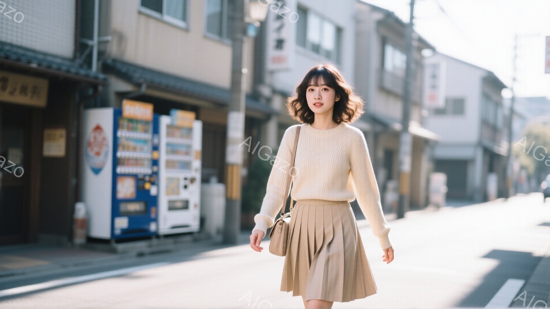 若い女性がベージュのセーターとプリーツスカートを身につけ、肩に小さなバッグをかけて歩いています。彼女は軽く微笑み、前を見つめており、髪は肩のあたりで軽くカールしています。背景には、自動販売機や古い建物が並び、晴れた日の穏やかな街並みが広がっています。