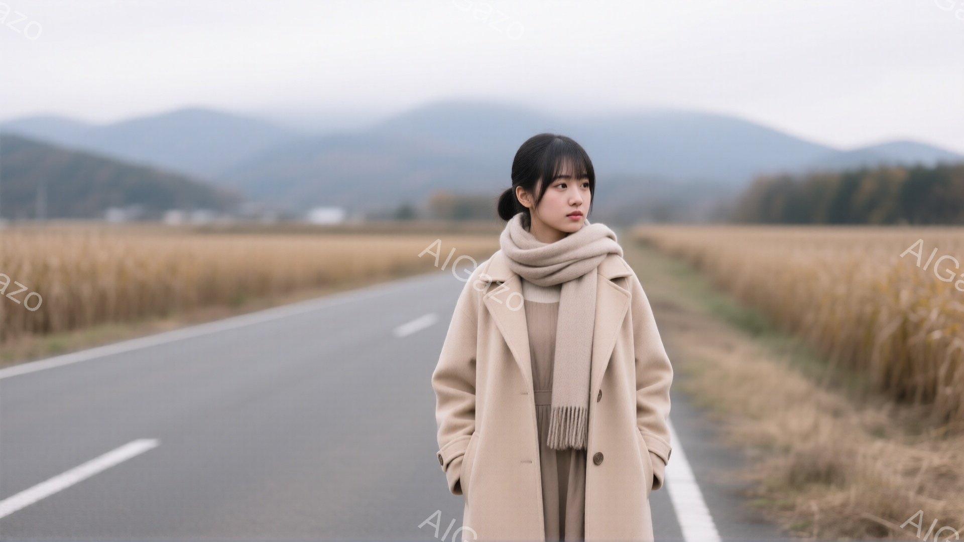 画像には、ベージュ色のコートとスカーフを身につけた若い女性が立っています。彼女は髪を後ろでまとめ、少し憂いを含んだ表情で遠くを見つめています。背景にはアスファルトの道が伸び、道の両脇には枯れた草が広がり、遠くには霞んだ山々が見えます。