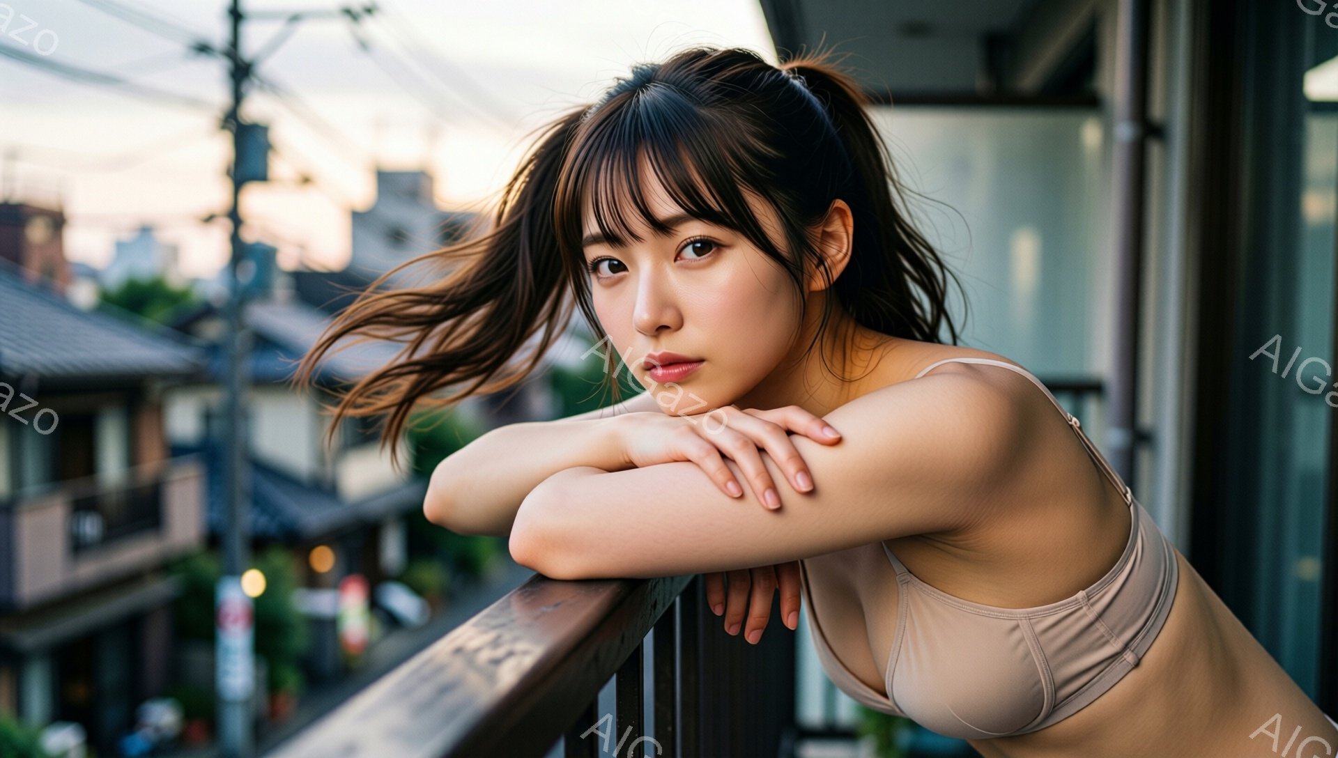 画像には、バルコニーに肘をついて座っている若い女性が写っています。彼女は肩出しのキャミソールを着ており、長い黒髪を無造作に後ろでまとめています。背景には、夕暮れ時の住宅街が広がり、オレンジ色の光が建物に差し込んでいます。