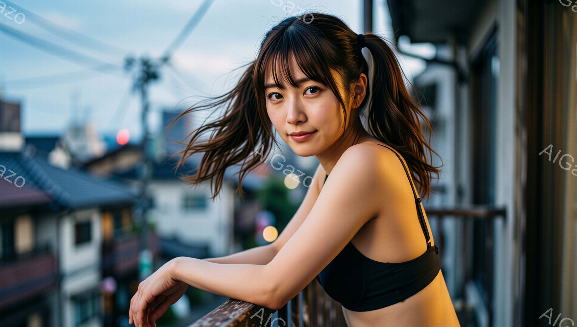 暗い背景に、茶色の髪をハーフアップにした若い女性が映っています。黒いビキニトップを着て、屋上の柵にもたれかかり、少し微笑んでいます。背景には、薄暗い街並みが広がり、夜の雰囲気を感じさせます。