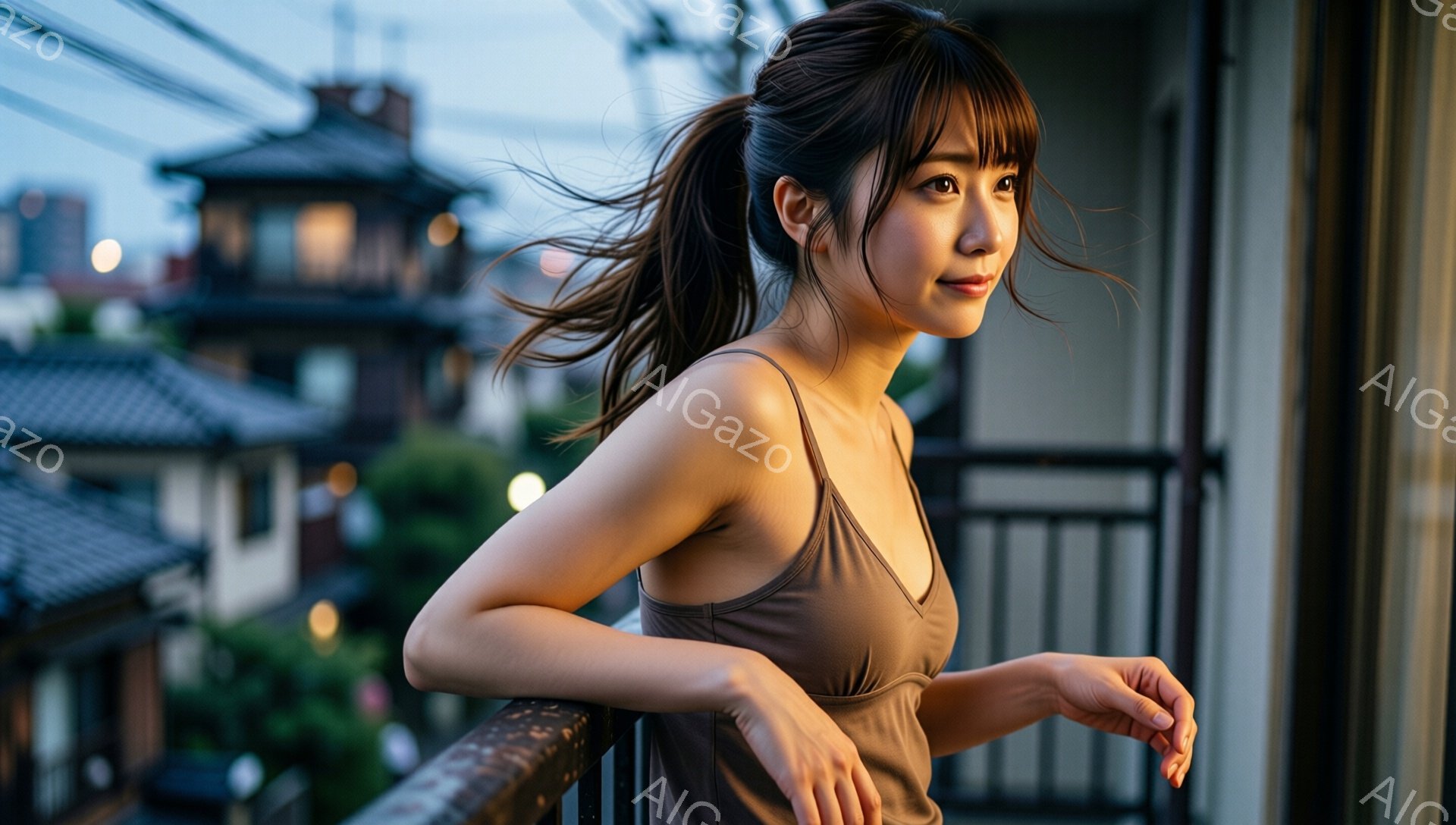 茶色のキャミソールを着た若い女性がバルコニーの手すりに寄りかかっています。彼女は長い髪を後ろでポニーテールにし、少し微笑んで遠くを見つめています。背景には日本の伝統的な建物や木々が見え、夕暮れ時の落ち着いた雰囲気が漂っています。