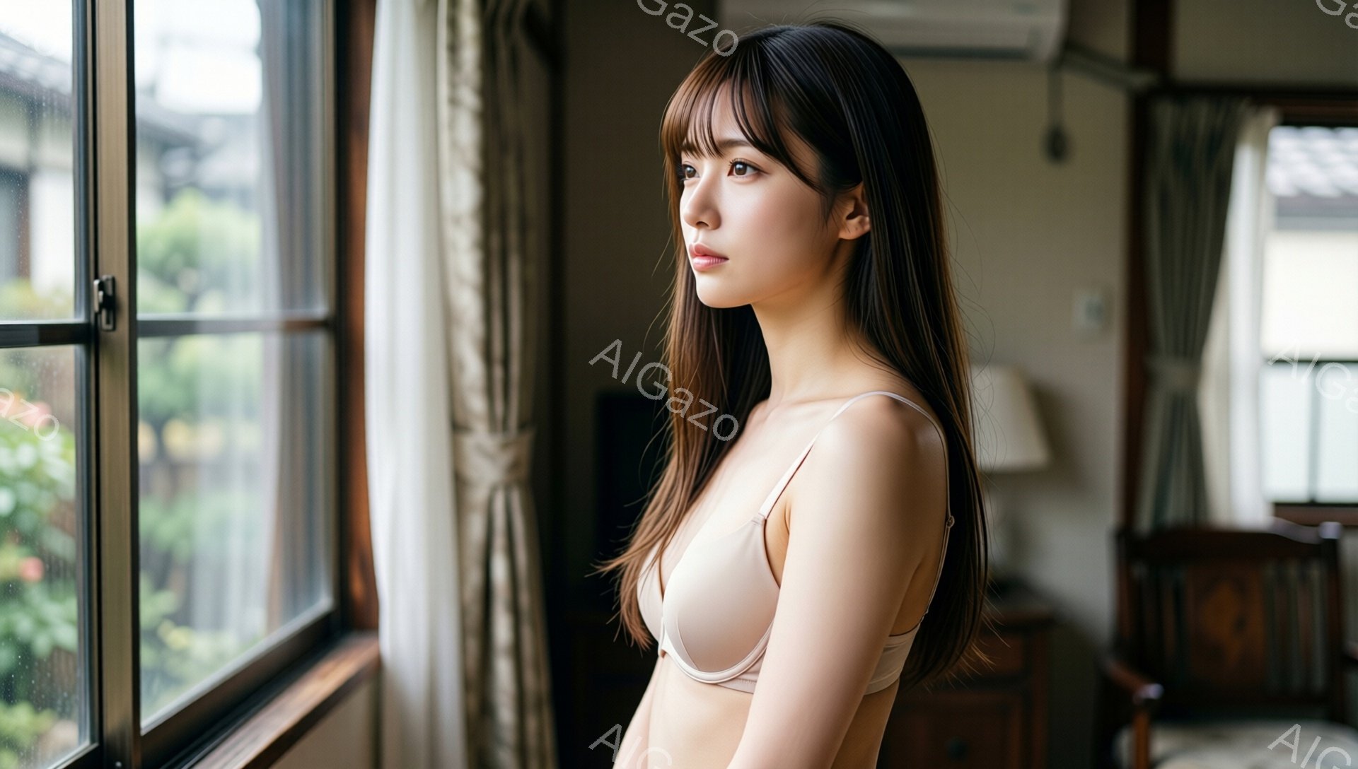 長い黒髪で、前髪は眉毛にかかるようにカットされた若い女性が描かれています。彼女はベージュ色のブラレットのみを身につけ、窓の外を見つめています。背景には木製の窓枠、カーテン、そしてぼやけた屋外の景色が見え、静かで物憂げな雰囲気を醸し出しています。