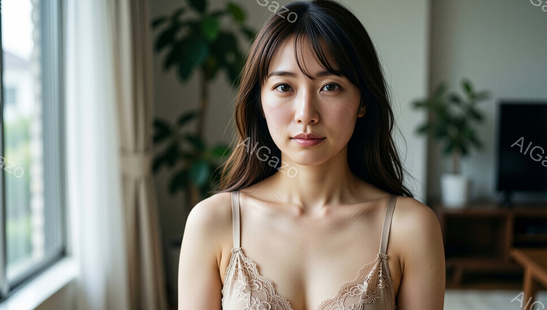 彼女は肩出しのレースのキャミソールを着ており、長くダークブラウンの髪をゆるく肩に垂らしています。顔は穏やかで、落ち着いた表情をしており、正面をまっすぐ見つめています。背景は室内で、植物と家具が見え、全体的に柔らかく、リラックスした雰囲気です。