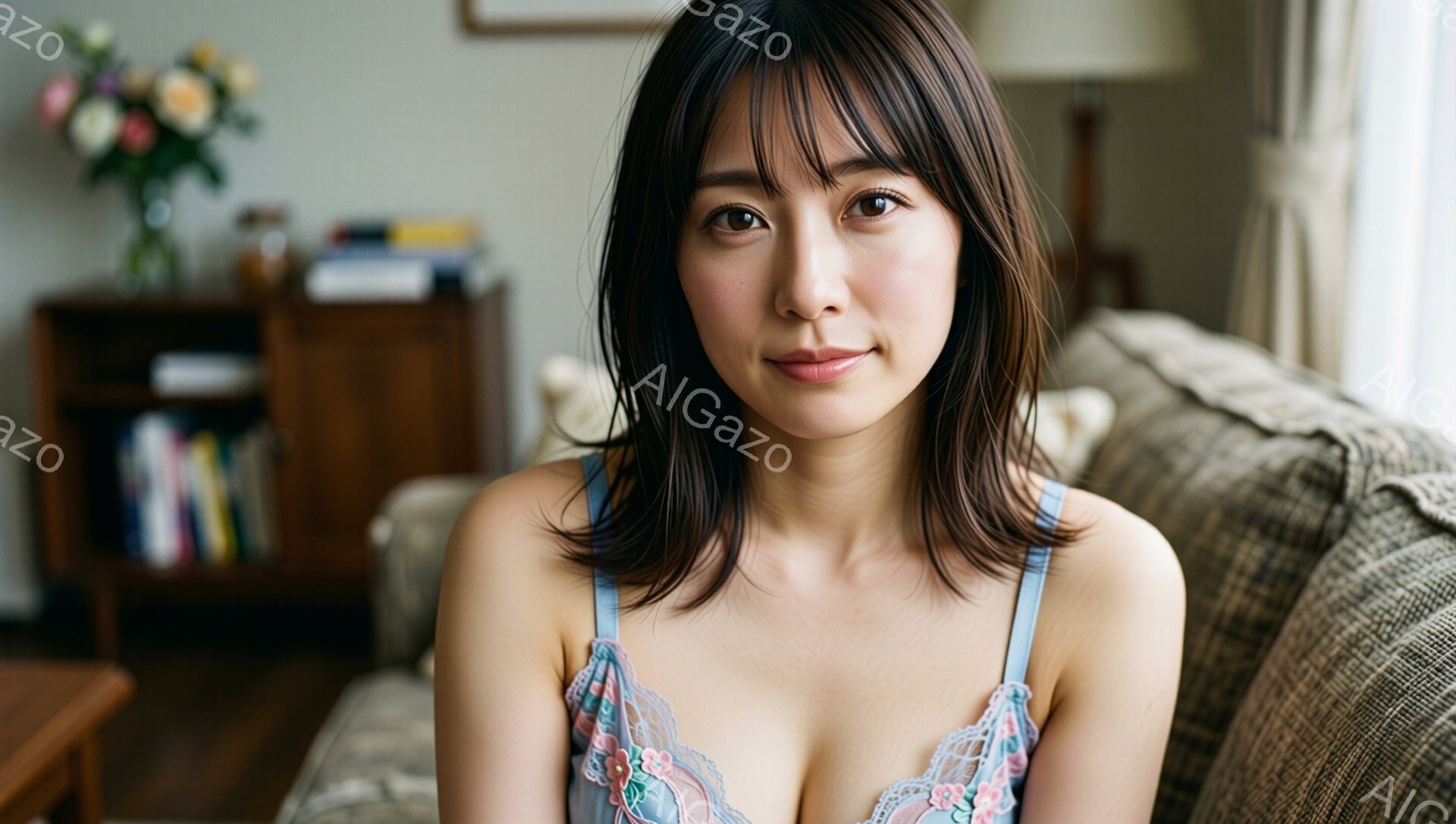 浅黒い髪を肩にかかる長さにしている女性が写っています。レースが縁取られた薄いブルーのキャミソールを着ており、わずかに微笑んでいます。背景には木製のキャビネットとソファ、そして花が飾られており、室内は柔 - AI生成フリー素材