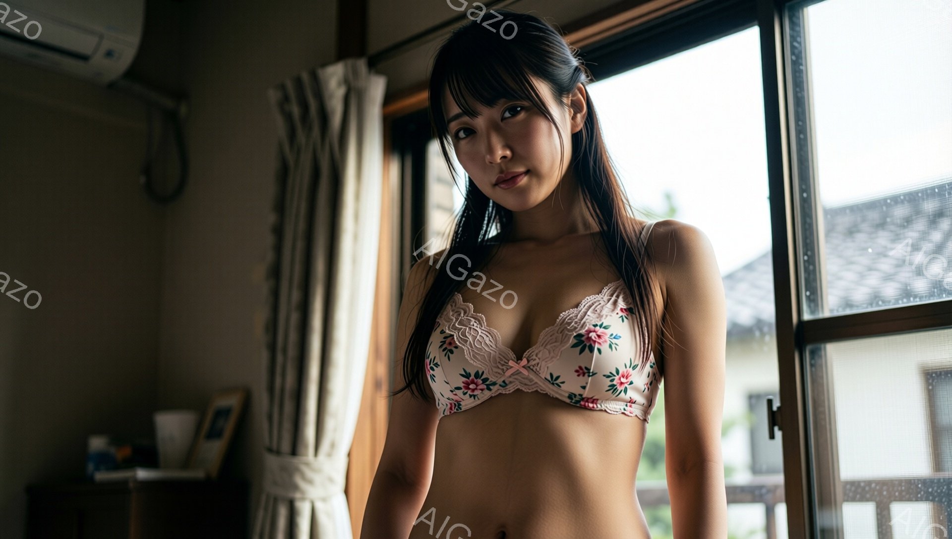 長い黒髪の女性が、花柄のブラジャーとショーツを身に着けて、窓辺に立っている。彼女はわずかに微笑み、カメラを見つめている。背景には、木造建築らしきものが見え、雨が降っているような曇り空が広がっている。