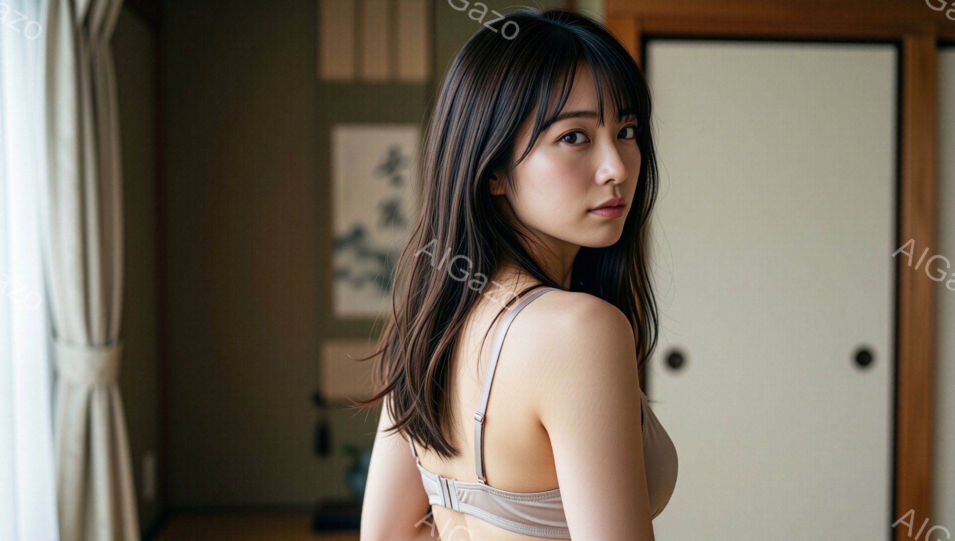 長い黒髪の女性が、ベージュのキャミソールを身につけ、正面を向いて立っています。彼女は少し微笑んでおり、落ち着いた表情をしています。背景には、障子戸と畳の部屋が見え、日本の伝統的な室内が表現されています - AI生成フリー素材