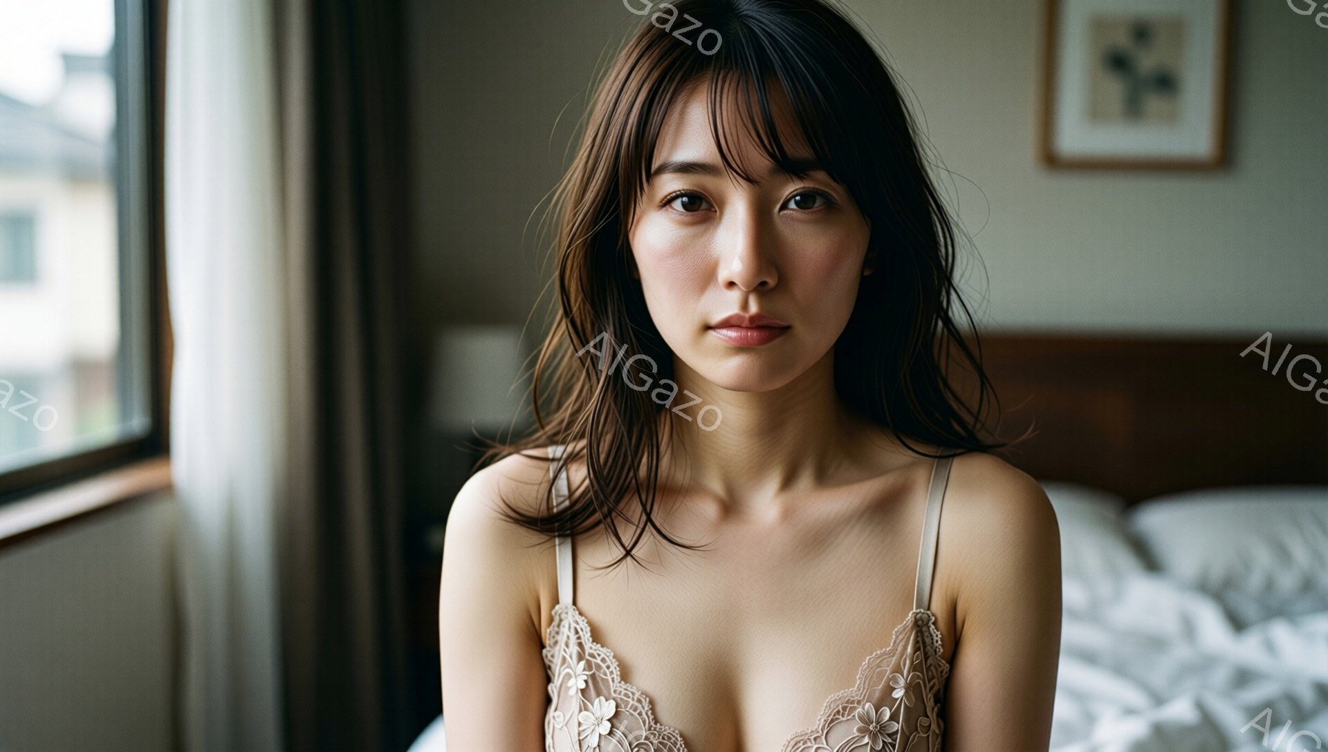 長い黒髪を無造作に垂らし、薄いベージュ色のレースのキャミソールを着た女性が写っている。彼女は正面をまっすぐ見ており、表情は穏やかで少し憂いを帯びている。背景には白いベッドと壁に掛けられた絵画が見え、室 - AI生成フリー素材