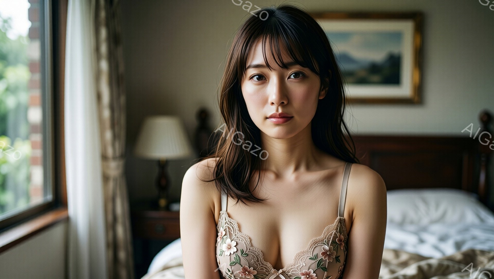 長いダークブラウンの髪は肩にかかるように流れており、前髪は眉毛にかかるようにカットされている。彼女は花柄のレースのキャミソールを着ており、わずかに微笑みを浮かべながらカメラを見つめている。背景には木製のベッドとナイトスタンド、そして絵画が飾られた壁があり、全体的に落ち着いた暖色の雰囲気である。
