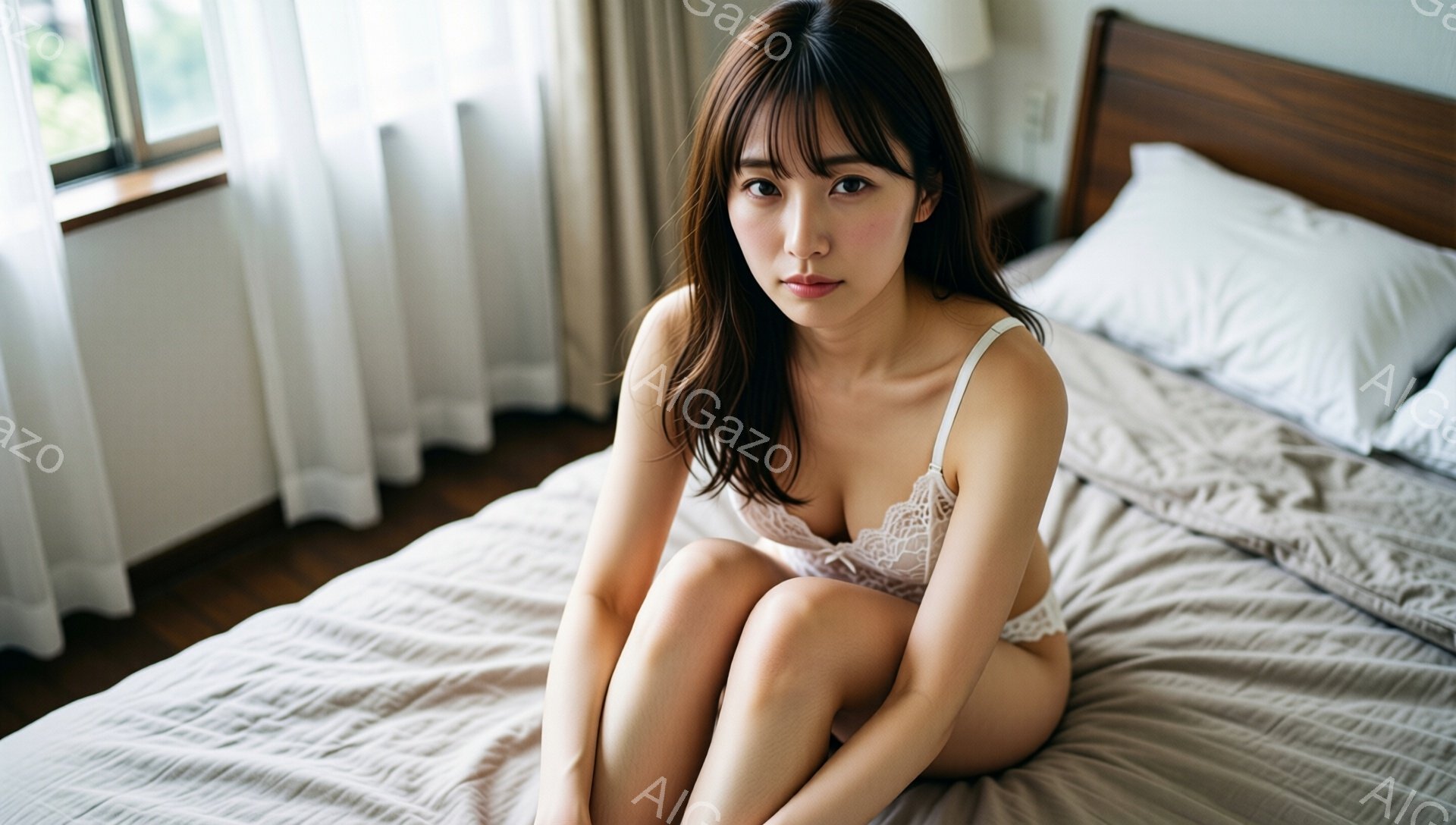 長い茶色の髪をした女性がベッドに座っており、白いレースのキャミソールを着ています。彼女は膝を抱え、少し憂いのある表情でカメラを見つめています。背景には明るい部屋と窓から差し込む自然光があり、全体的に柔 - AI生成フリー素材